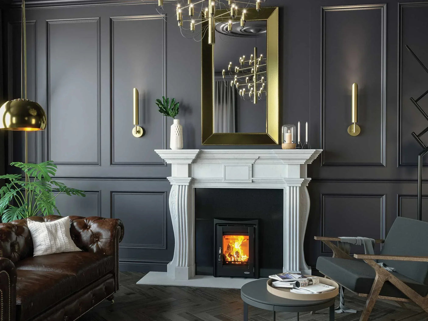 Modern living room with brown leather sofa, wood-burning stove, white mantel and gold accents