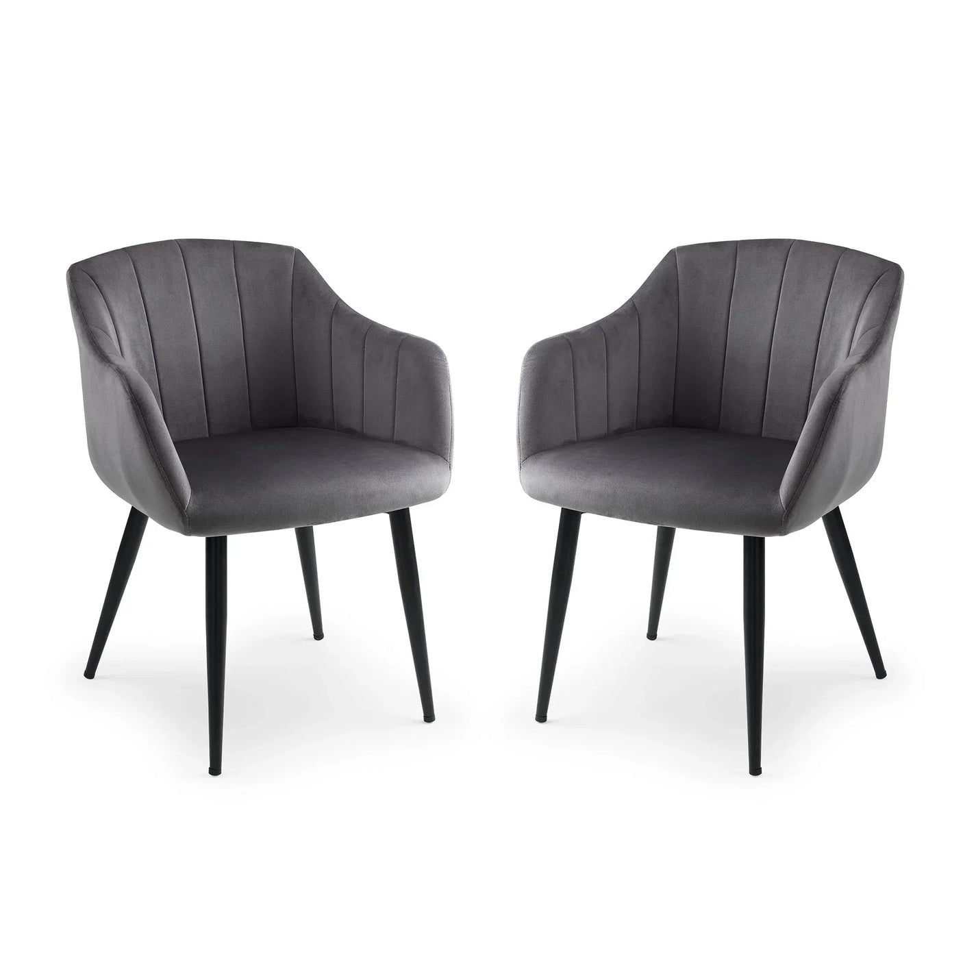 Set of two grey scalloped dining chairs with black metal legs and upholstered seats