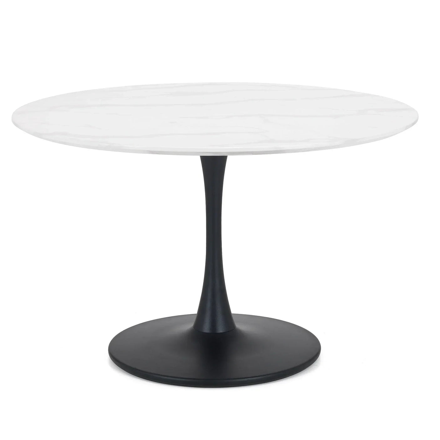 Round dining table with white marble top and black pedestal base