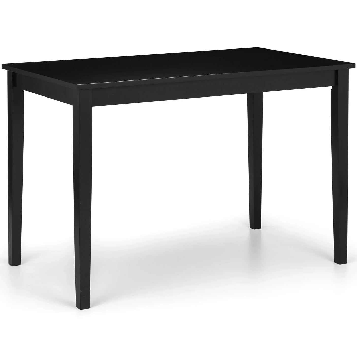 Rectangular black dining table with straight legs on white background