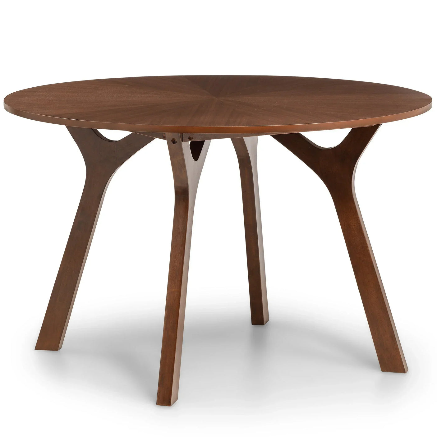 Round wooden dining table with four angled legs and smooth walnut finish