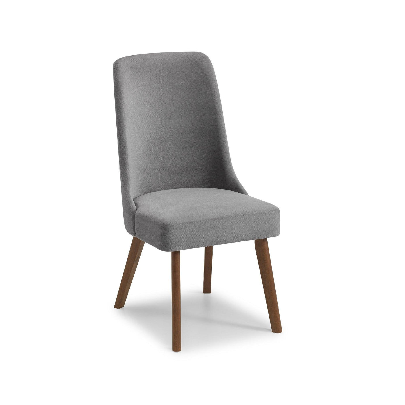 Grey fabric dining chair with padded seat and angled wooden legs, side view