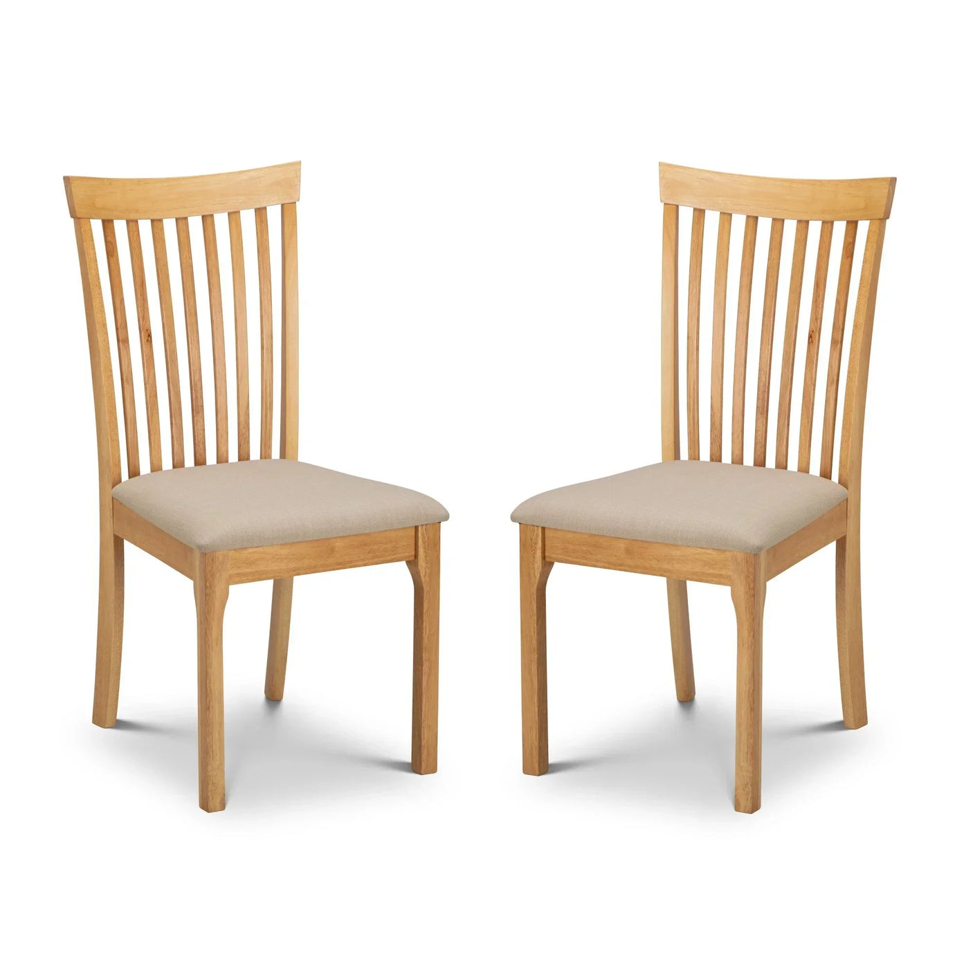 Set of two wooden dining chairs with vertical slat backs and beige cushioned seats