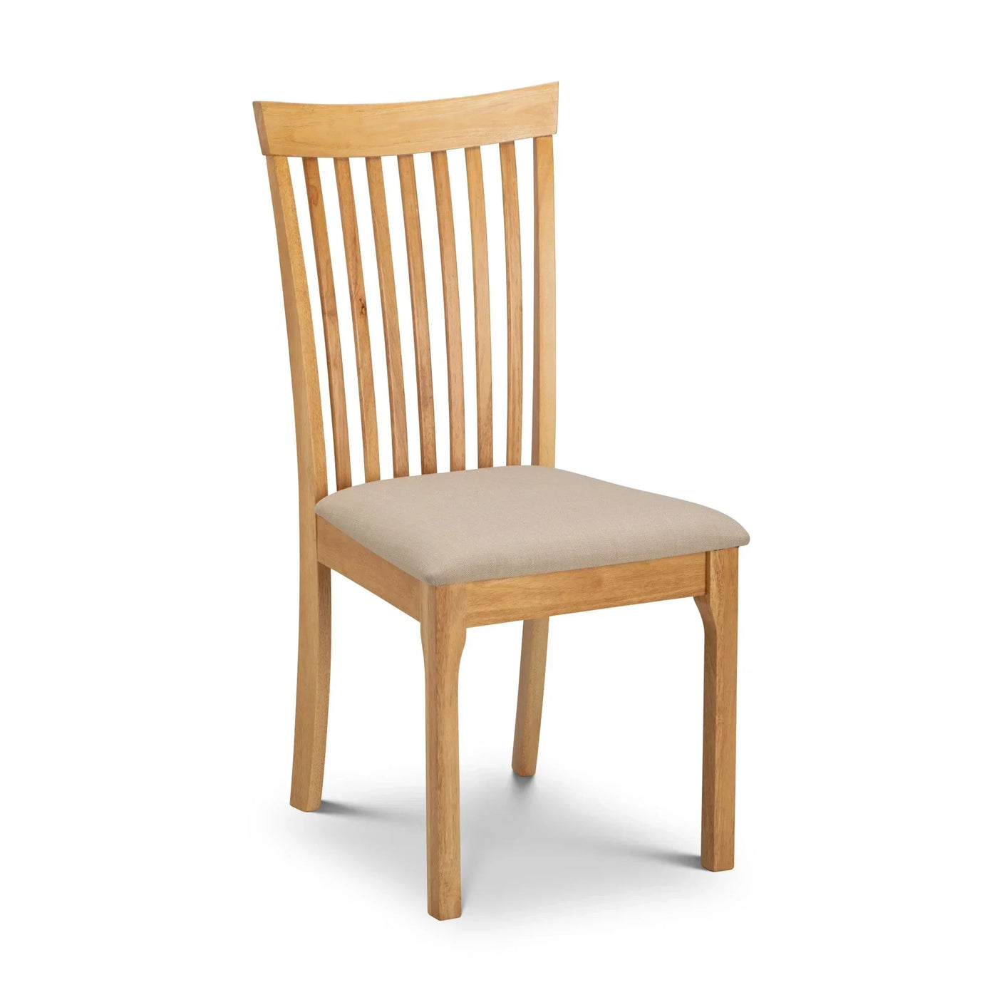 Wooden dining chair with slatted backrest and cushioned beige seat, angled view