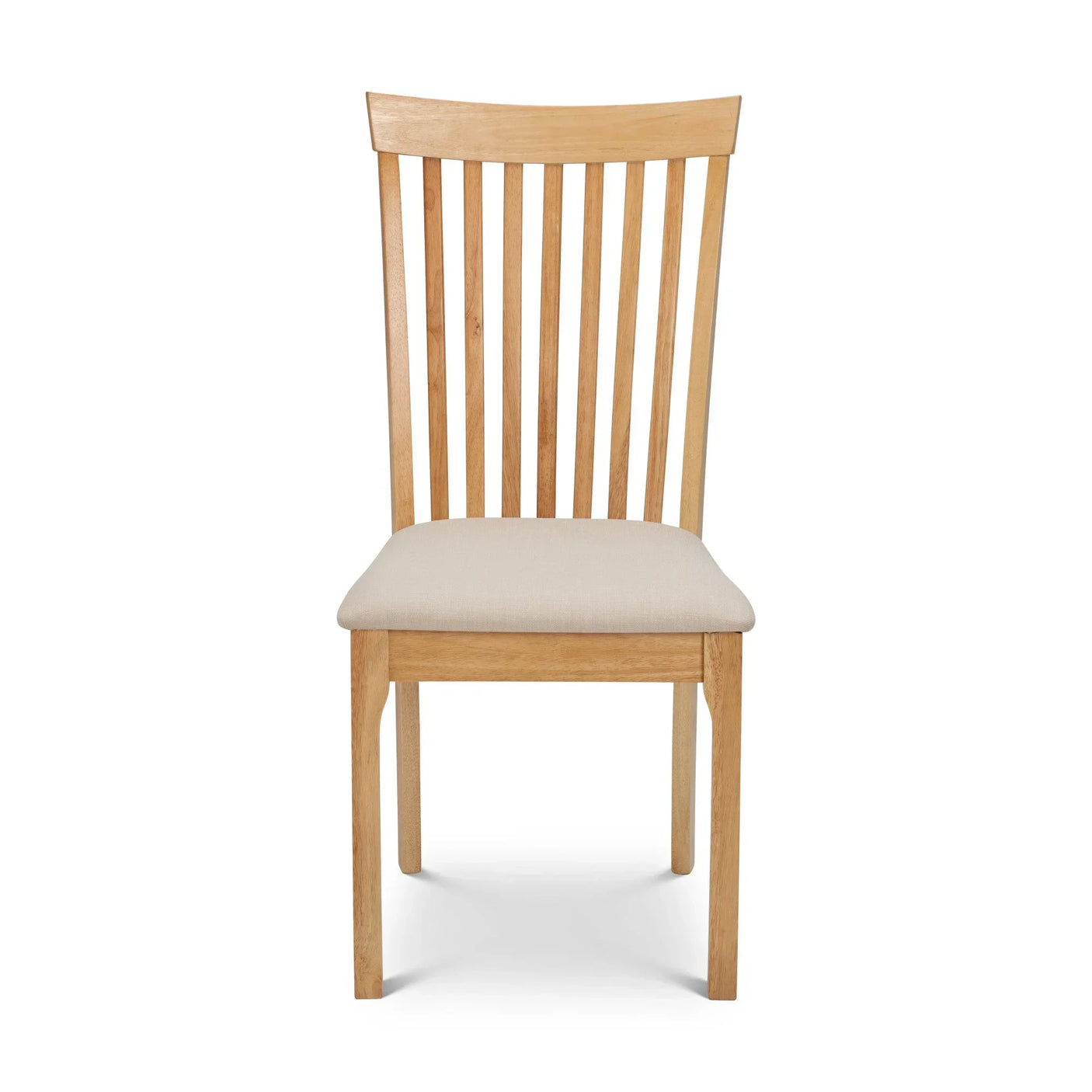 Wooden dining chair with slatted back and cushioned beige seat, front view