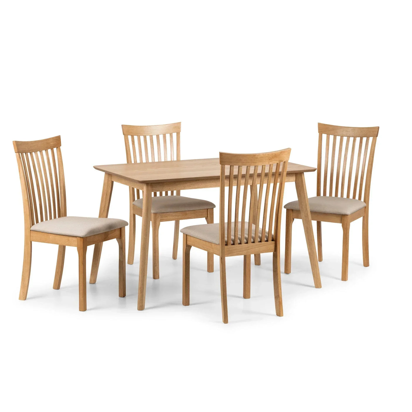 Oak dining table set with four slatted back chairs and beige upholstered seats