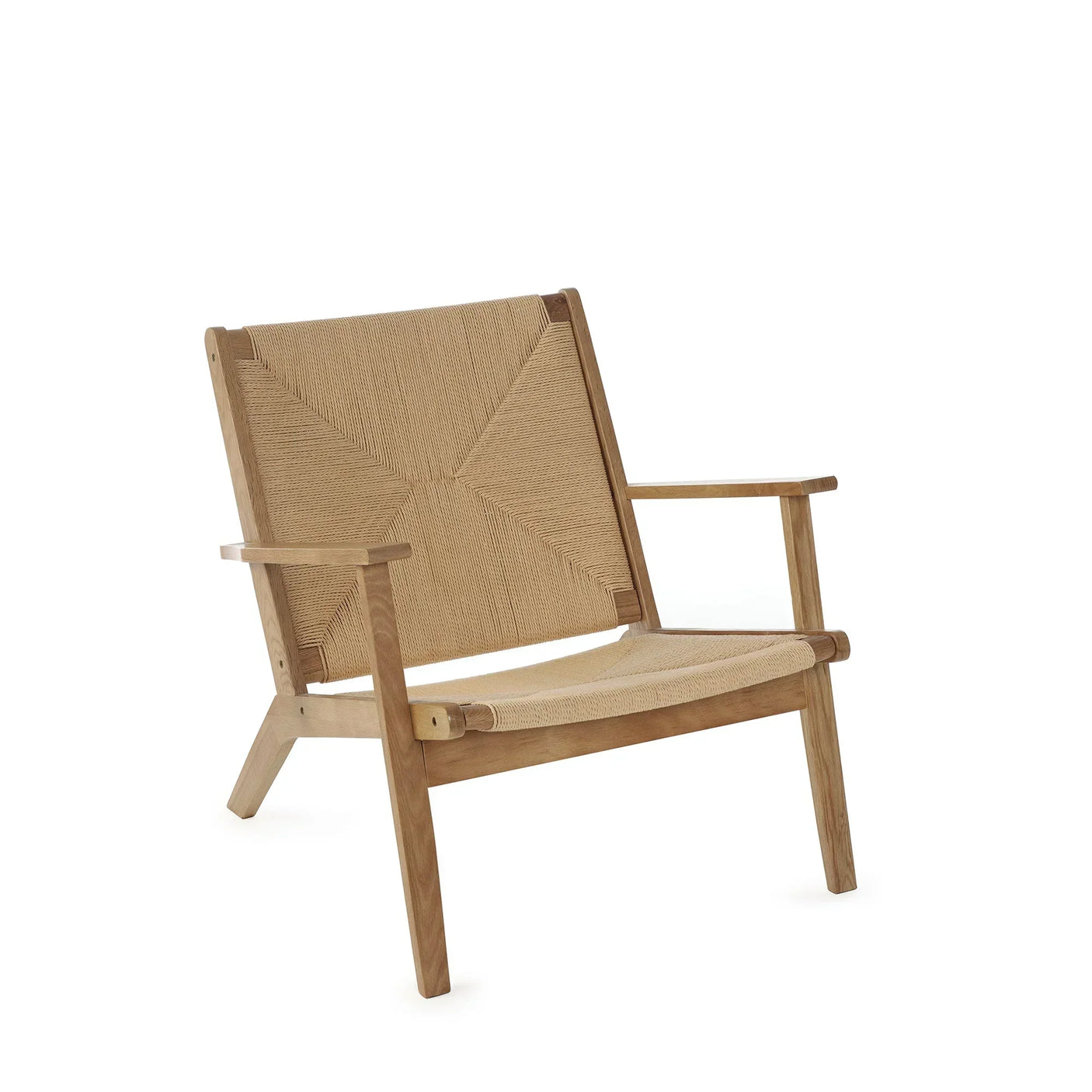 Wooden lounge chair with woven rope seat and backrest, angled front view