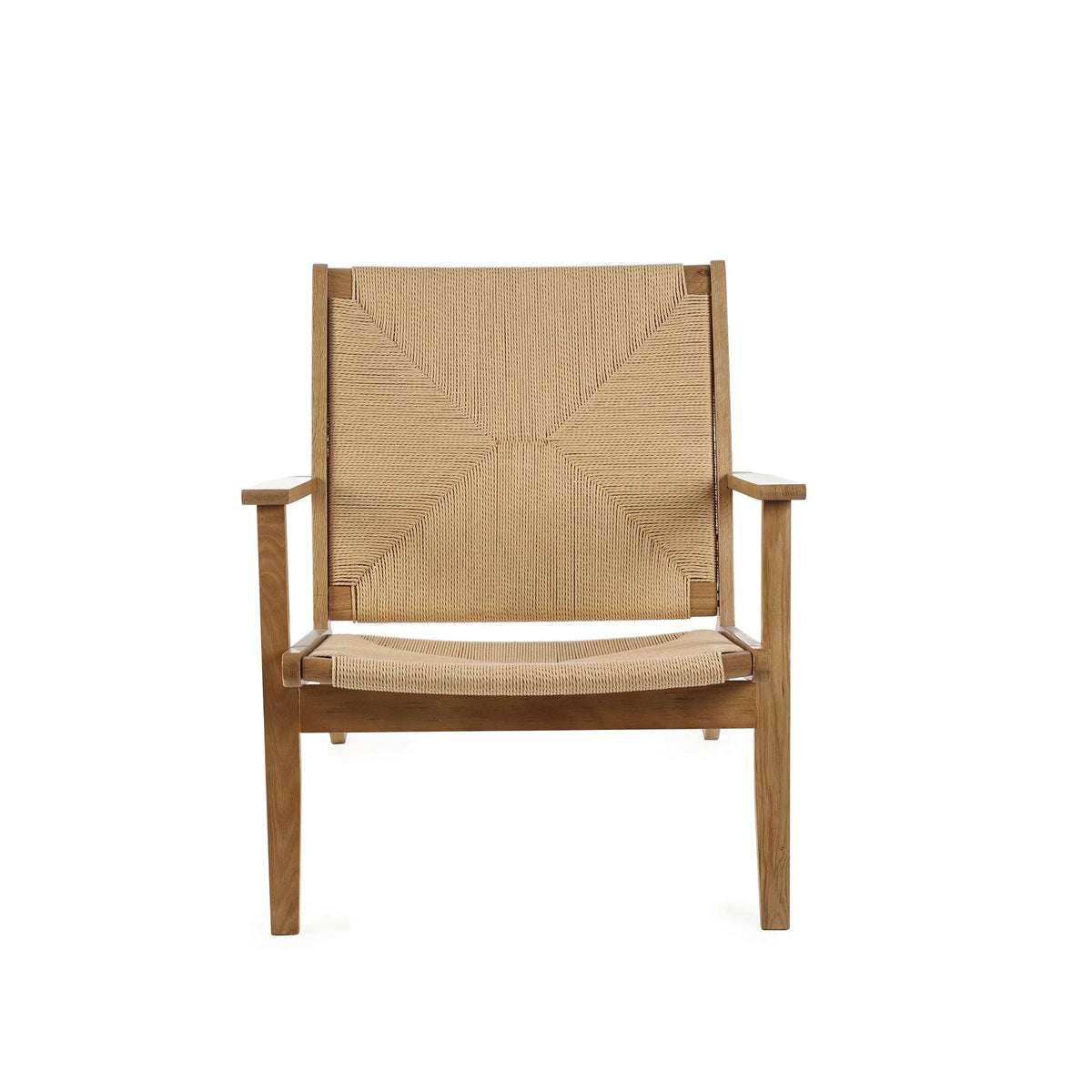 Wooden lounge chair with woven rope seat and backrest, front view on white background