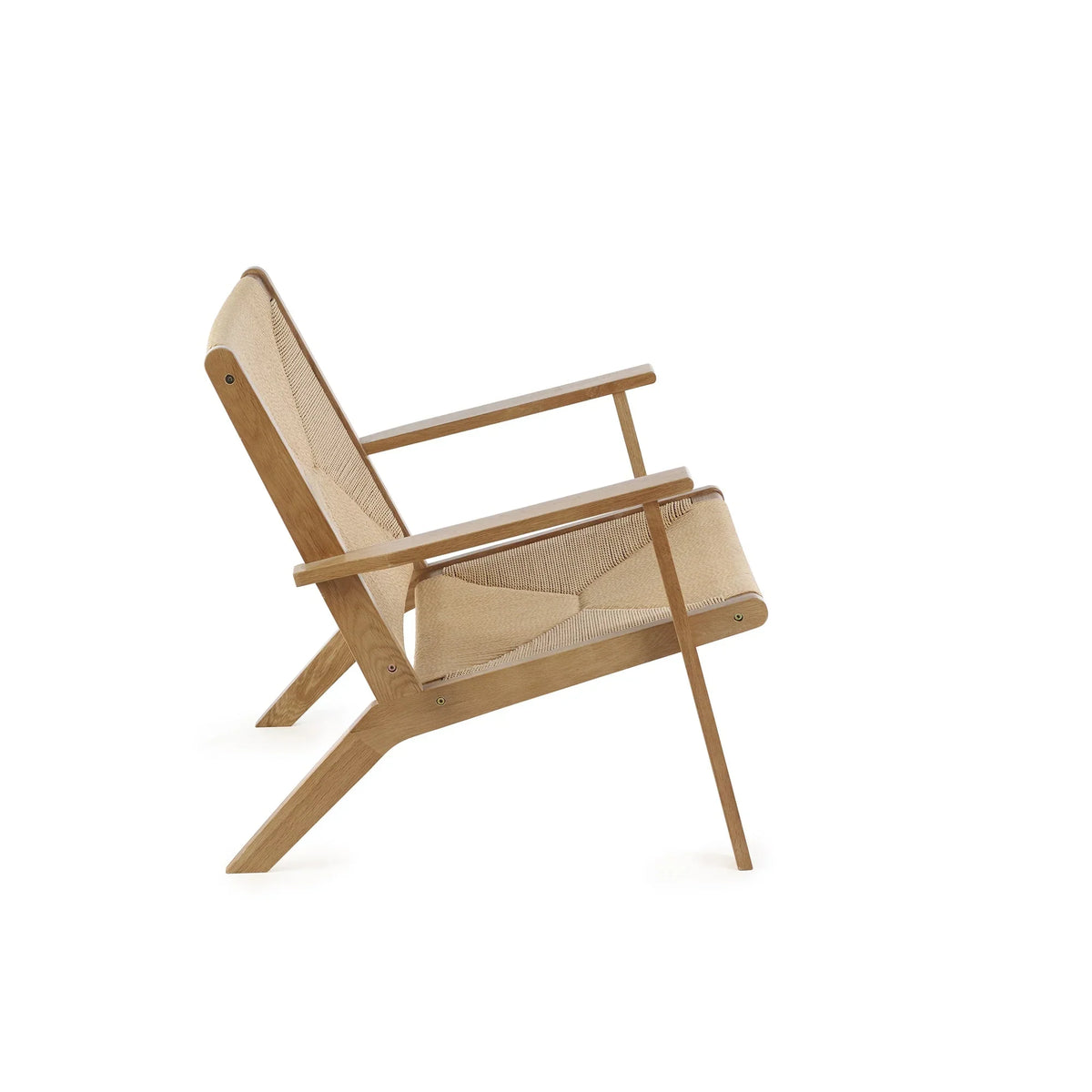 Side view of wooden lounge chair with woven beige seat and angled legs