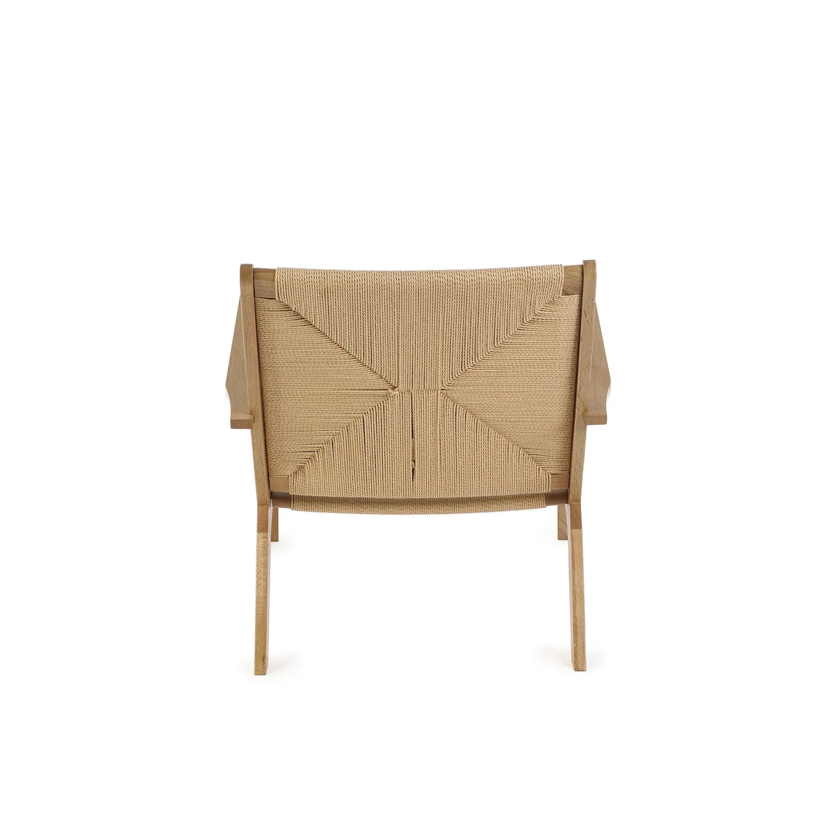 Back view of natural wood lounge chair with woven rope backrest and angled legs