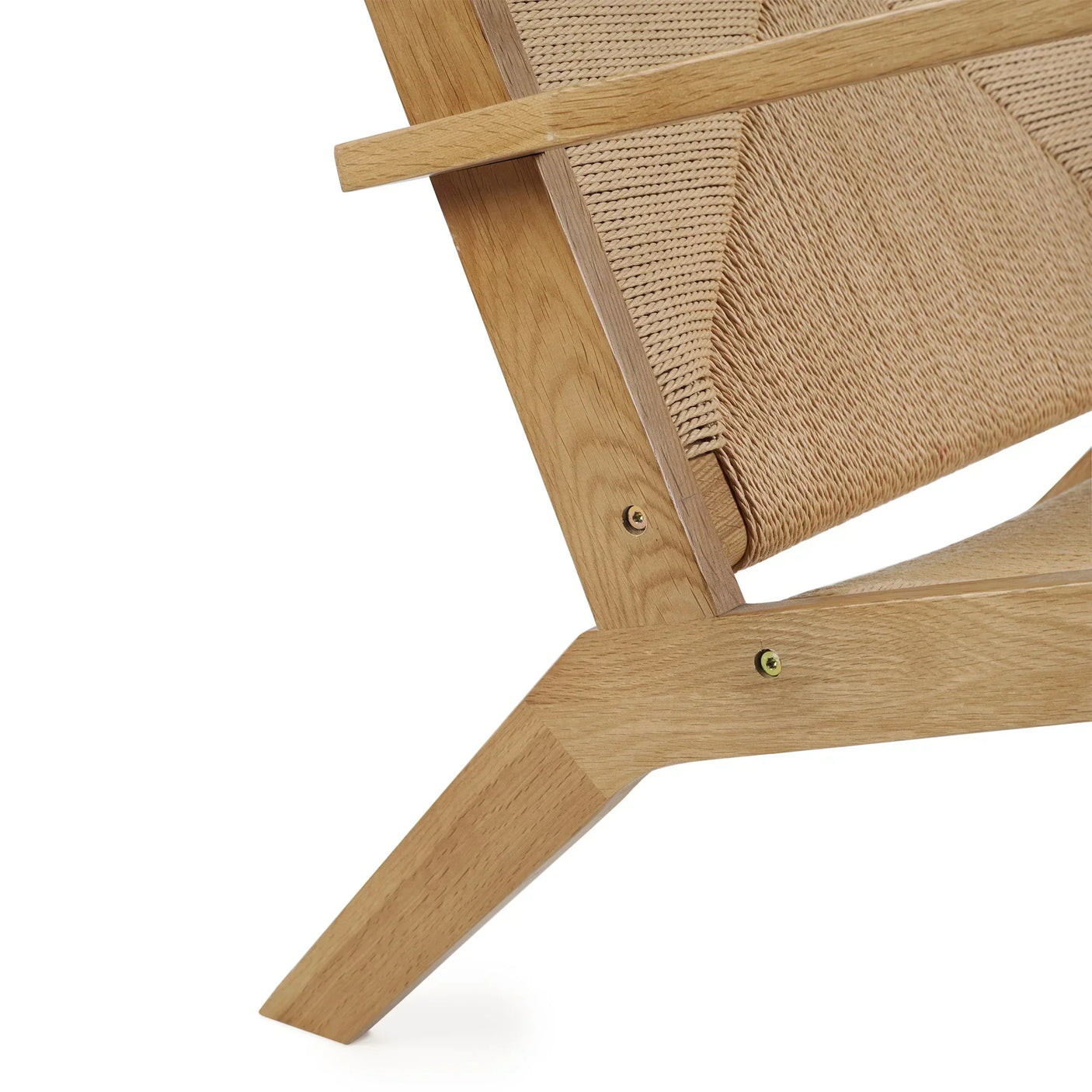 Oak lounge chair leg and woven seat detail