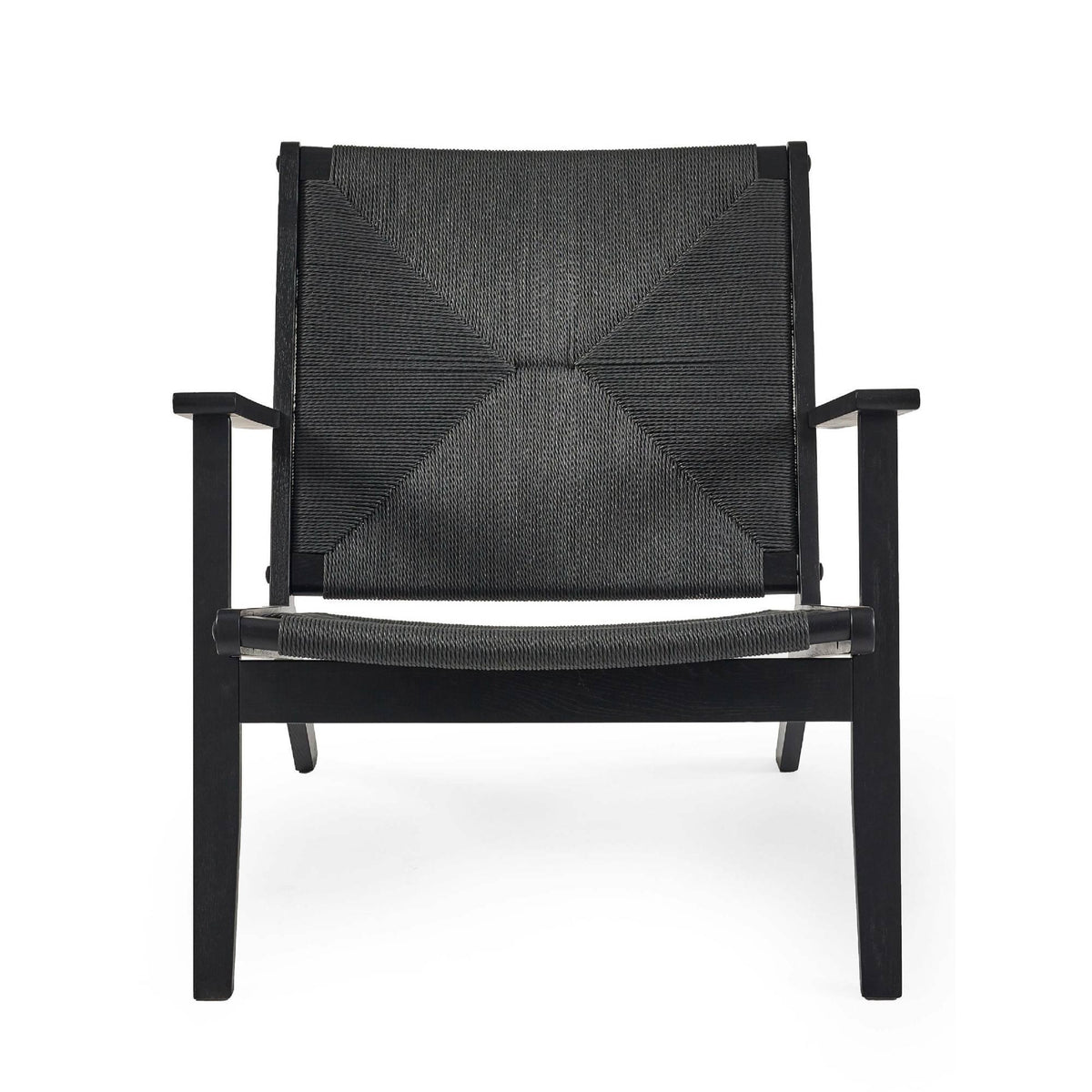 Black woven lounge chair with wooden frame, front view