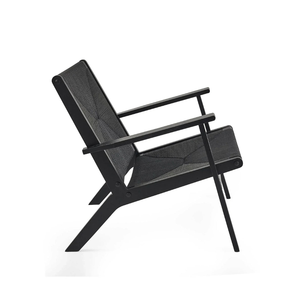Modern black lounge chair with angled legs and fabric seat, side profile view