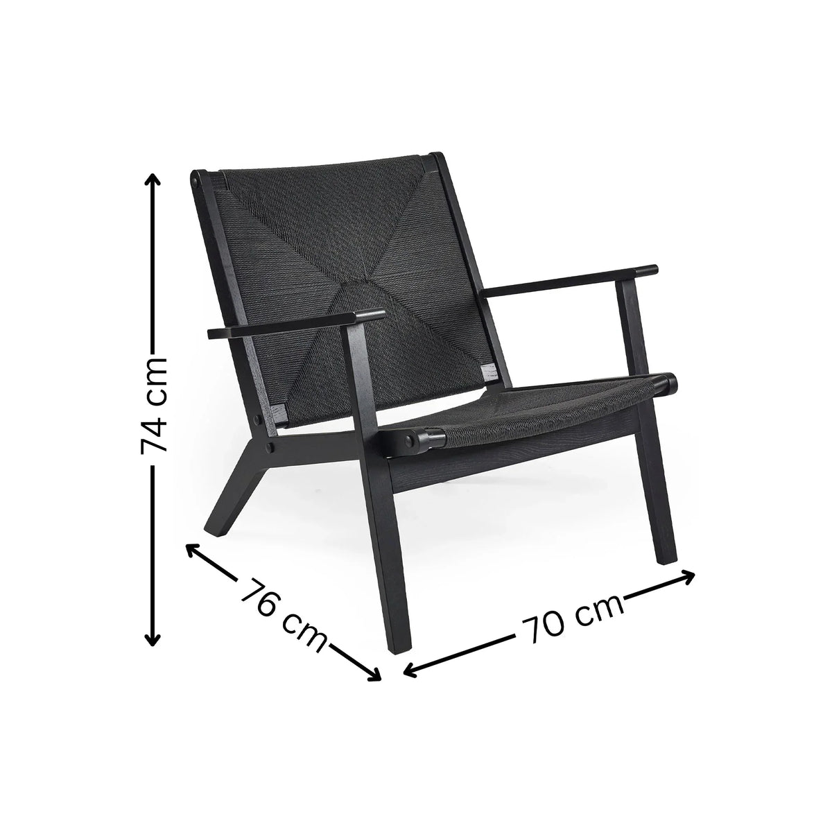 Black lounge chair with woven seat and armrests, labeled dimensions 74x76x70 cm