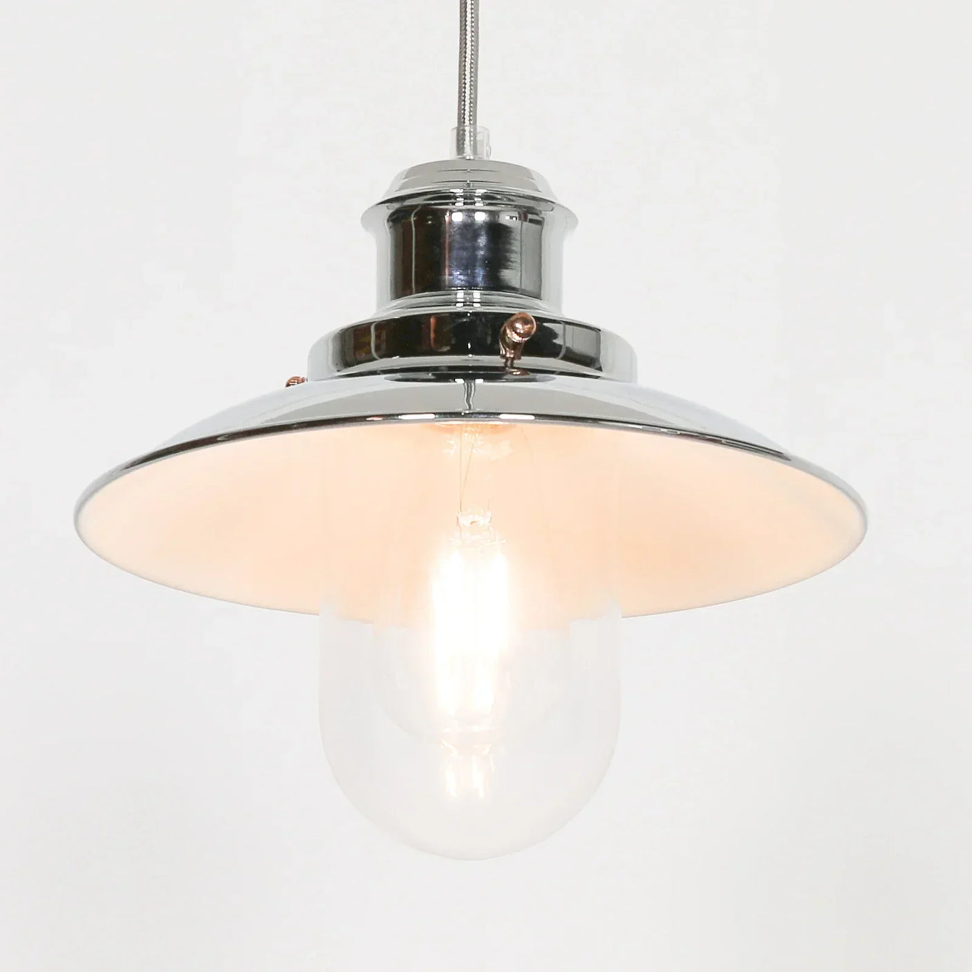 Chrome pendant ceiling light with glass shade and exposed bulb
