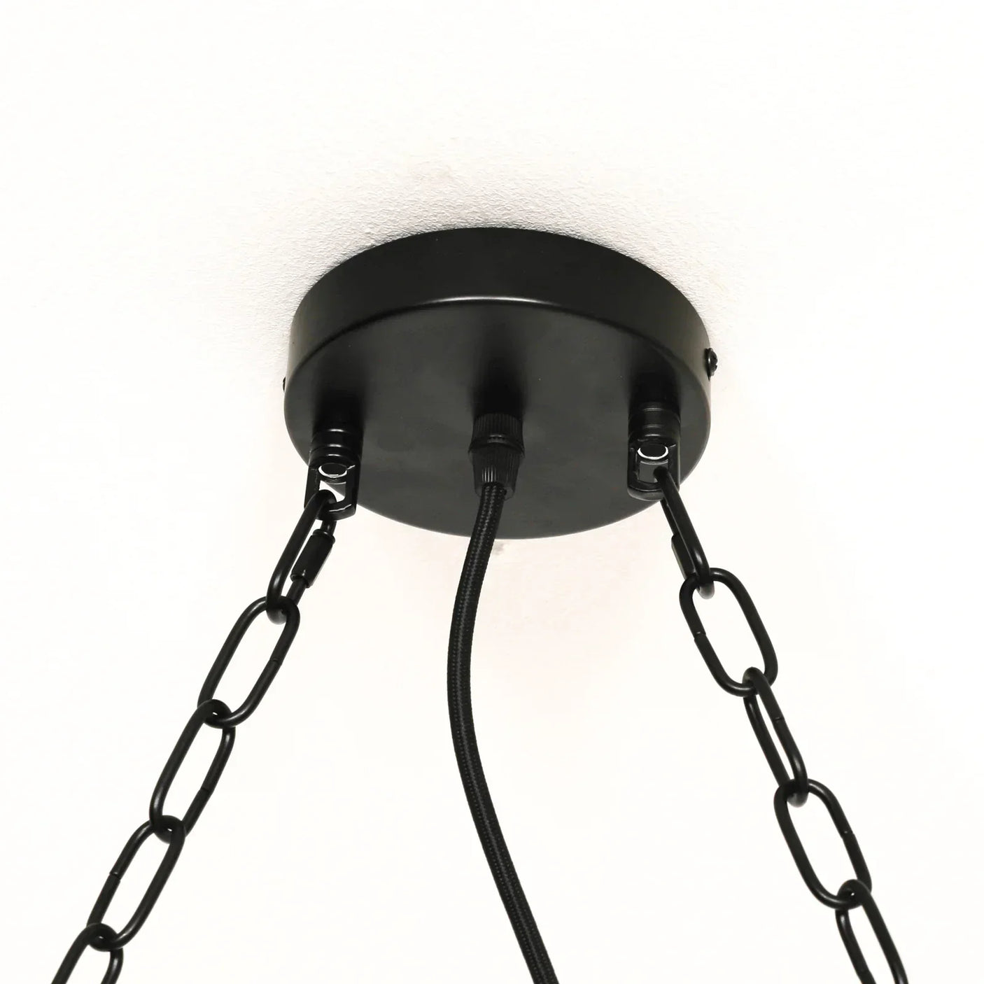 Black metal pendant light ceiling rose with hanging chains and cable mount