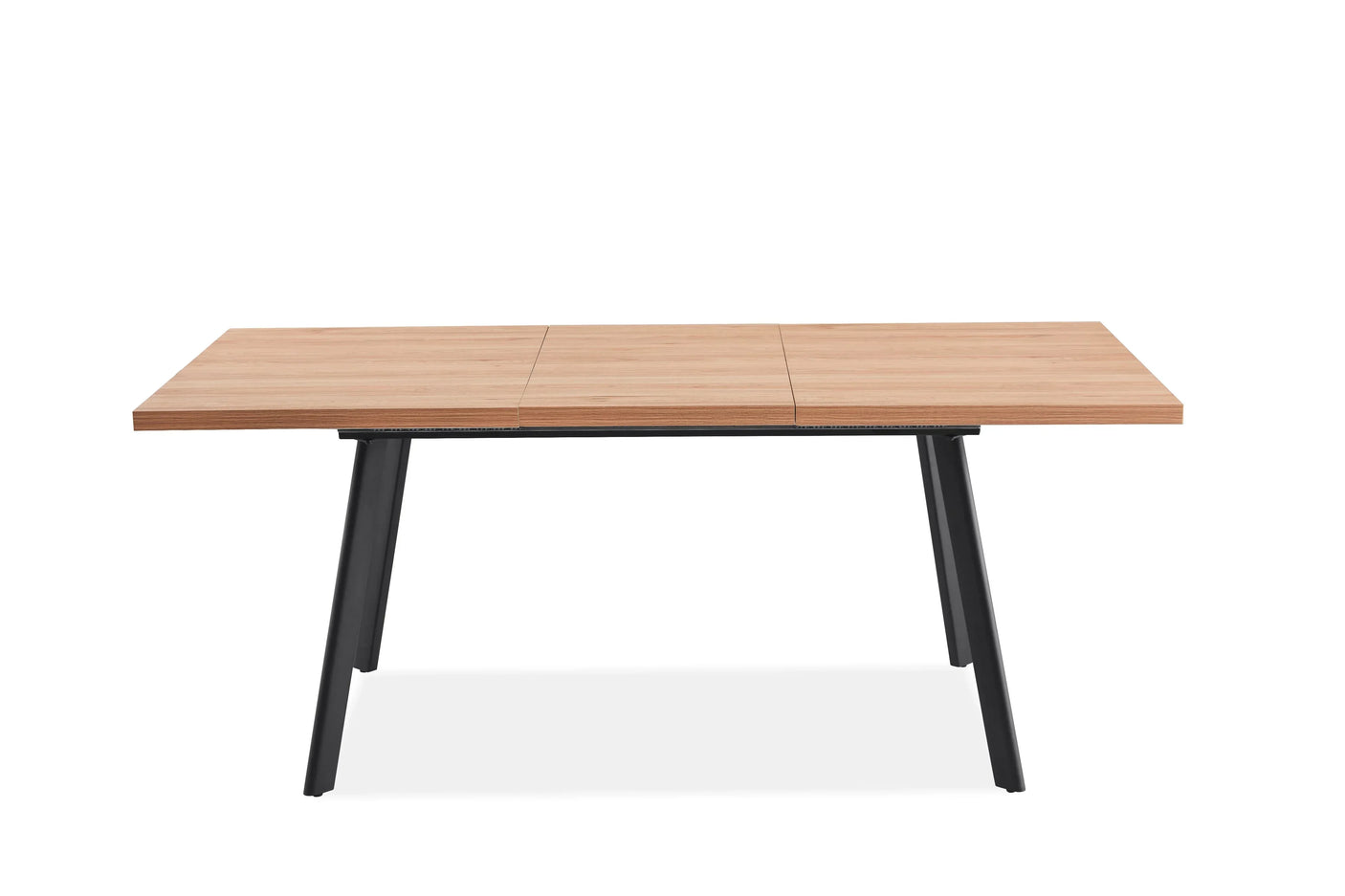 Rectangular oak dining table with black metal legs, front view