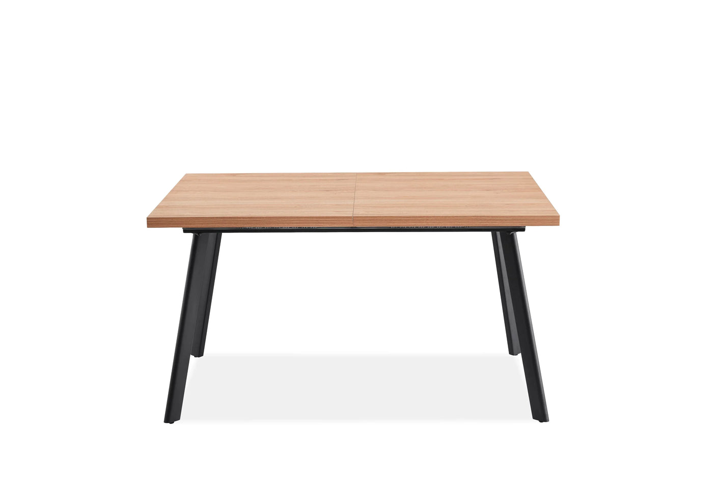 Rectangular wooden dining table with black metal legs, front view