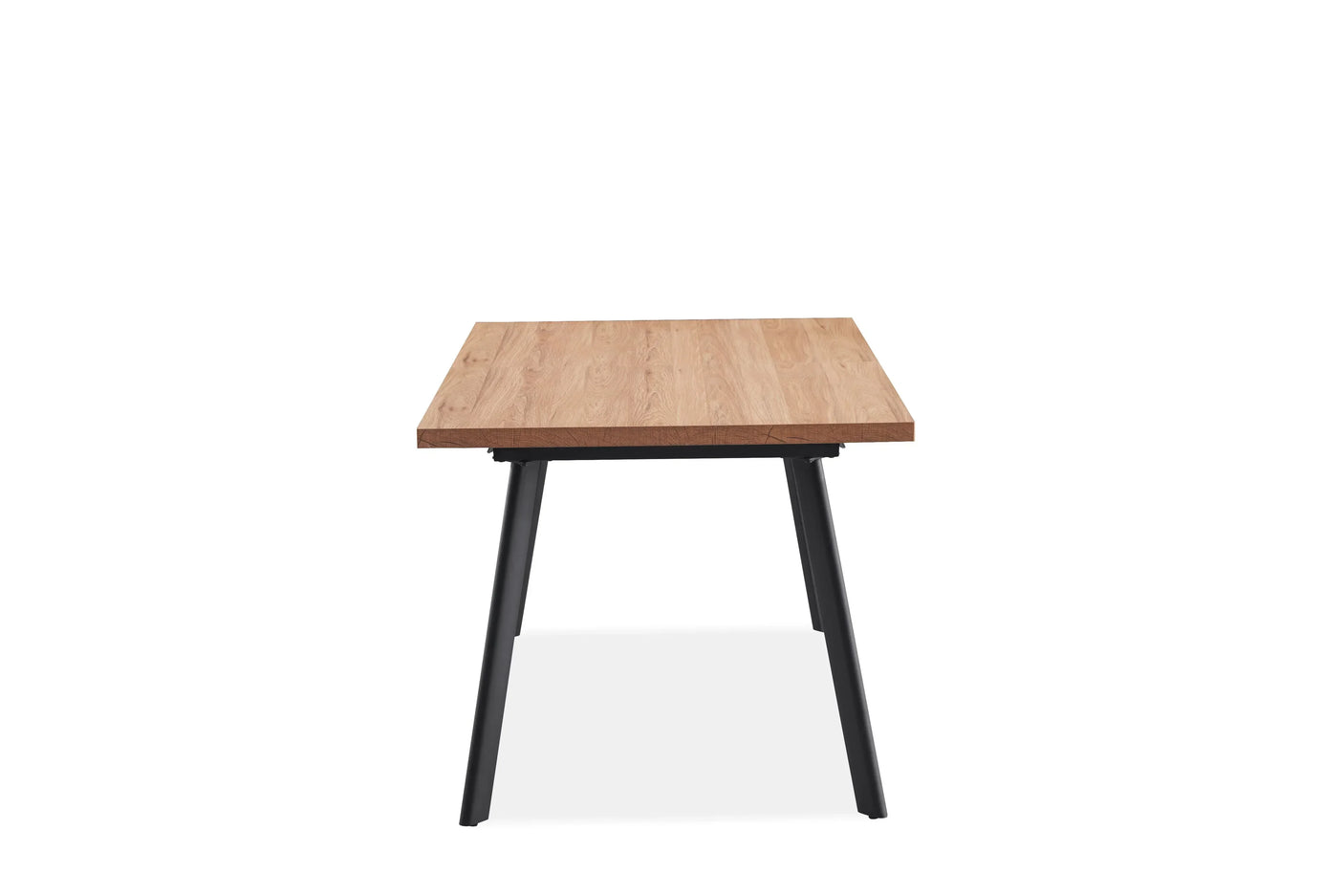 Rectangular dining table with light wood top and angled black metal legs, front view