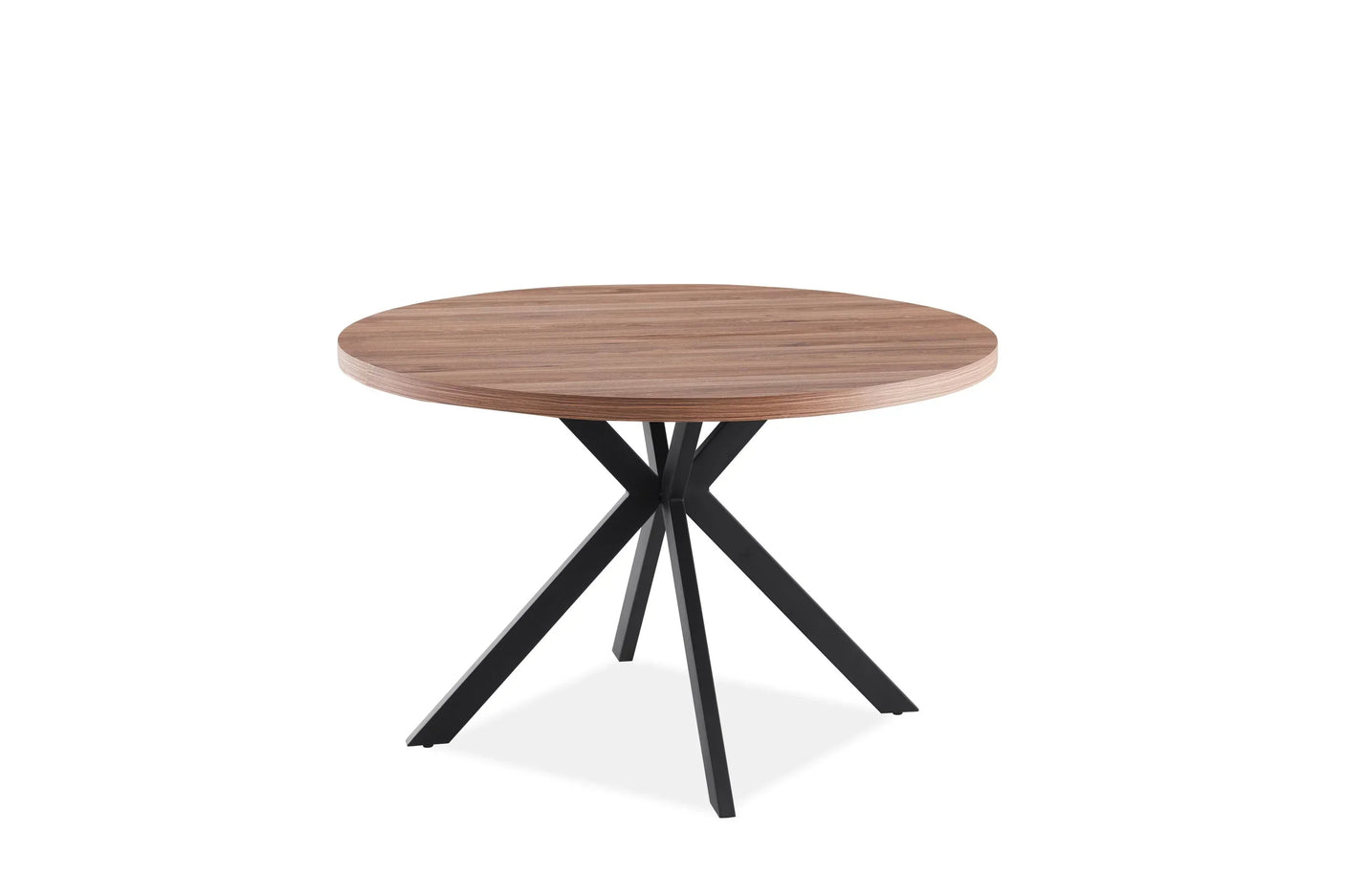 Round wood dining table with metal crossed legs on white background