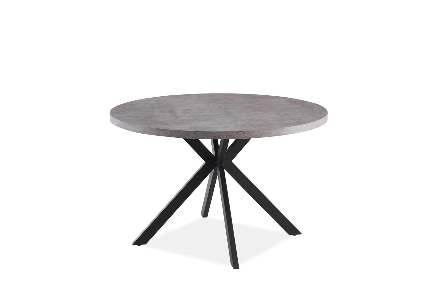 Round dining table with grey stone-effect top and black metal cross legs
