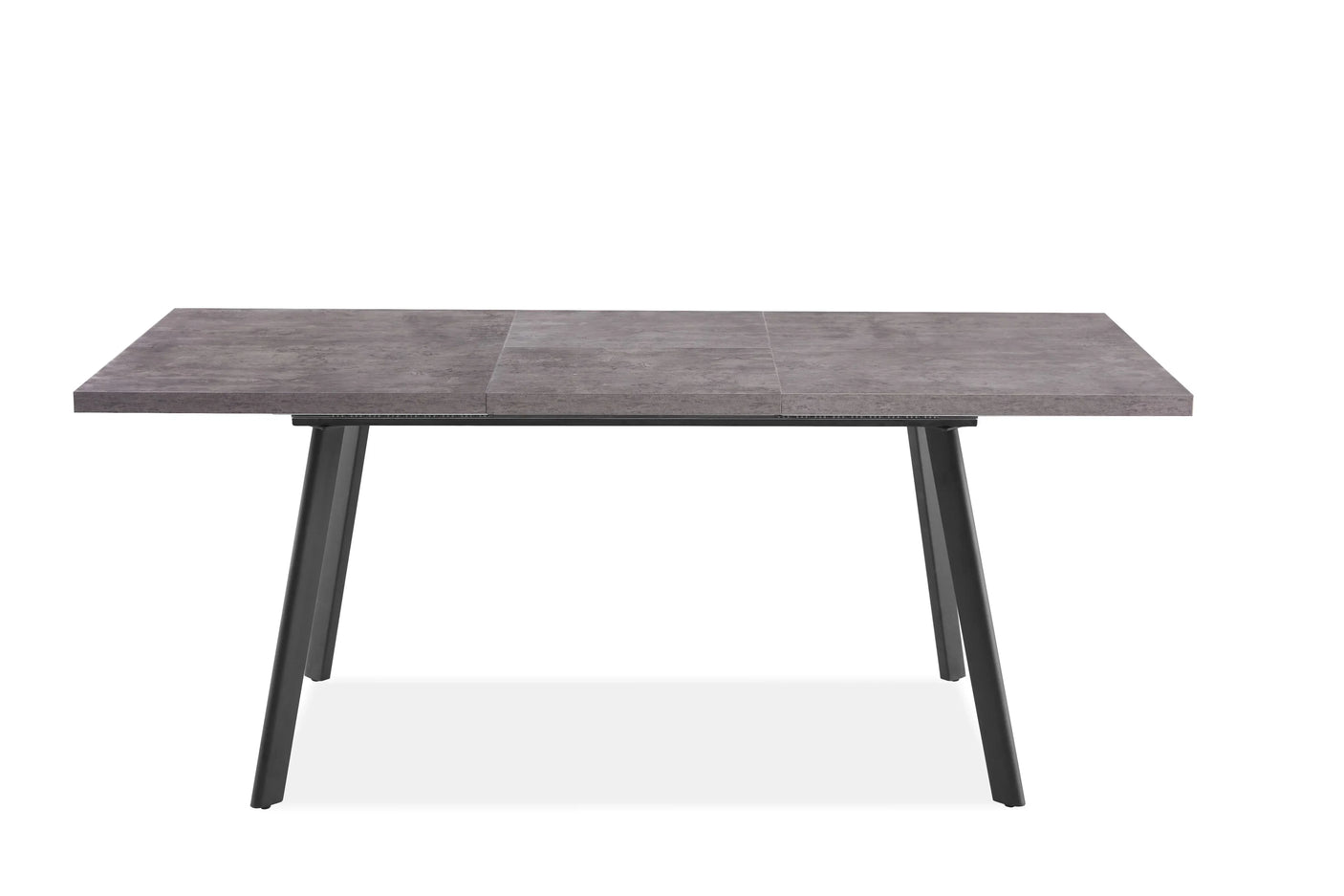 Rectangular grey dining table with stone-effect top and black angled metal legs