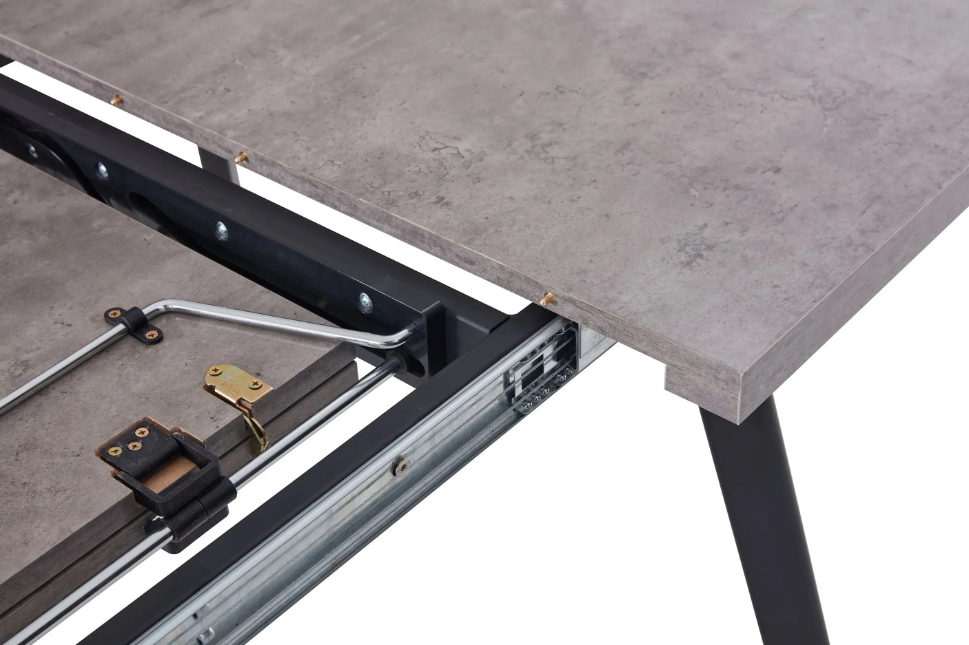 Close view of grey extendable dining table with metal slide mechanism visible