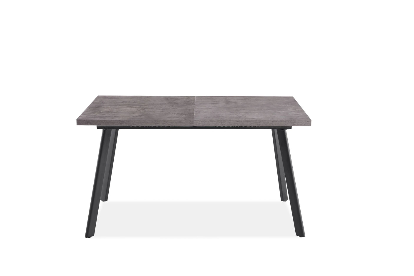 Rectangular grey dining table with metal legs, front view