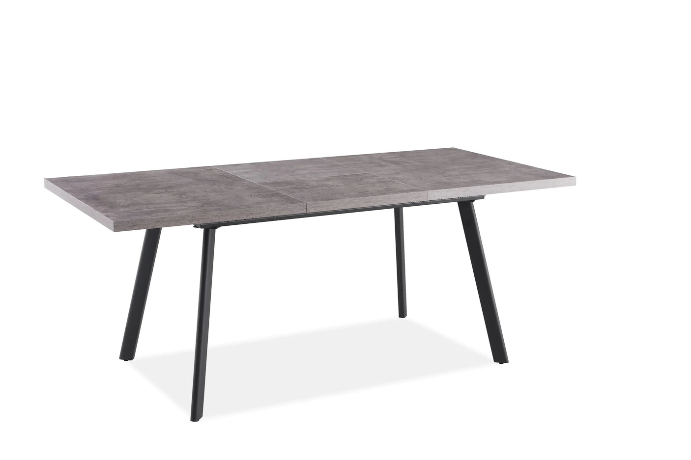 Rectangular grey dining table with concrete effect top and black metal legs, angled view