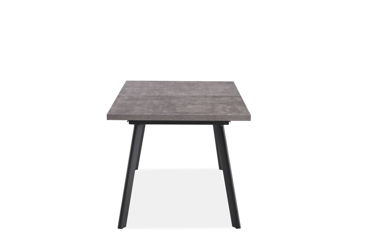 Rectangular dining table with grey stone-effect top and black angled metal legs, front view