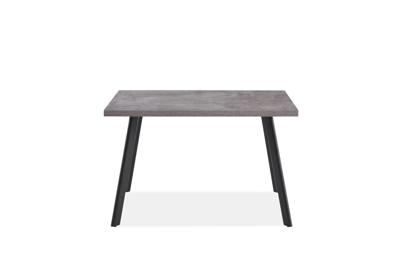 Grey dining table with rectangular top and black angled legs, front view