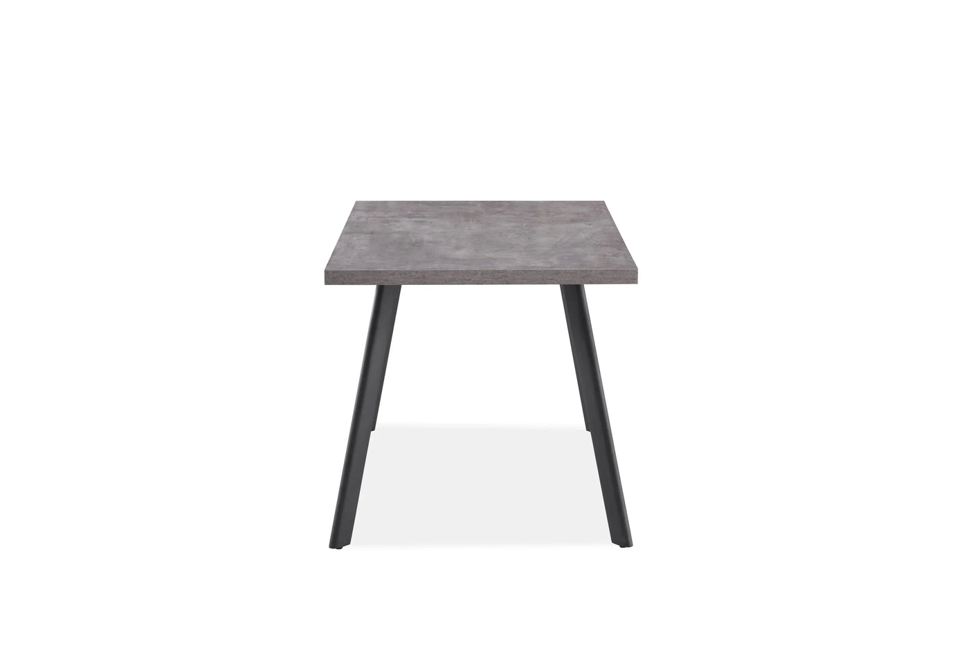 Modern square dining table with grey concrete-effect top and black angled metal legs