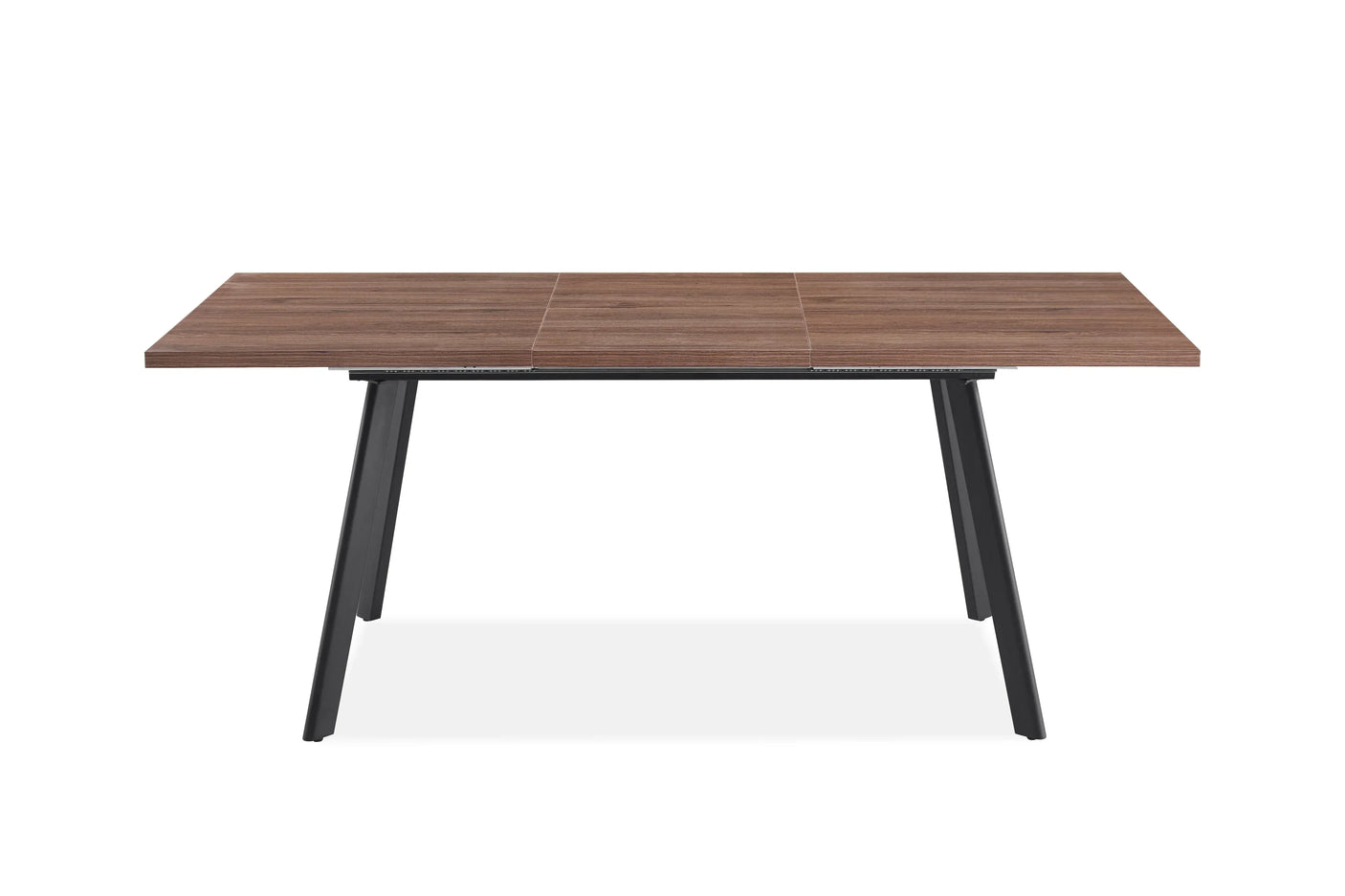 Rectangular wooden dining table with black angled legs, shown from the front