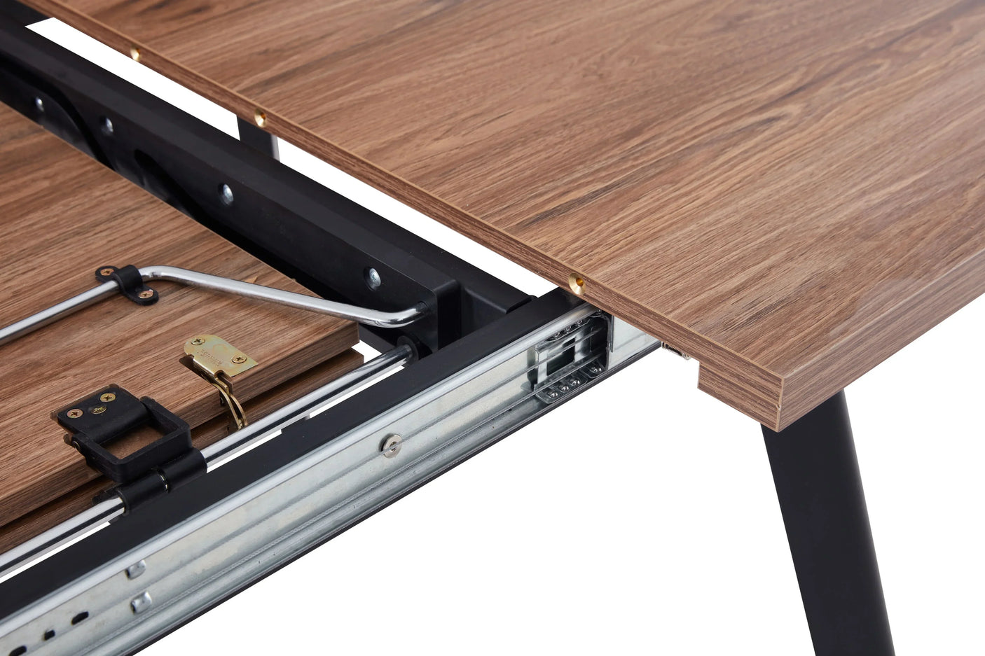 Extending dining table with walnut effect top and visible metal extension mechanism