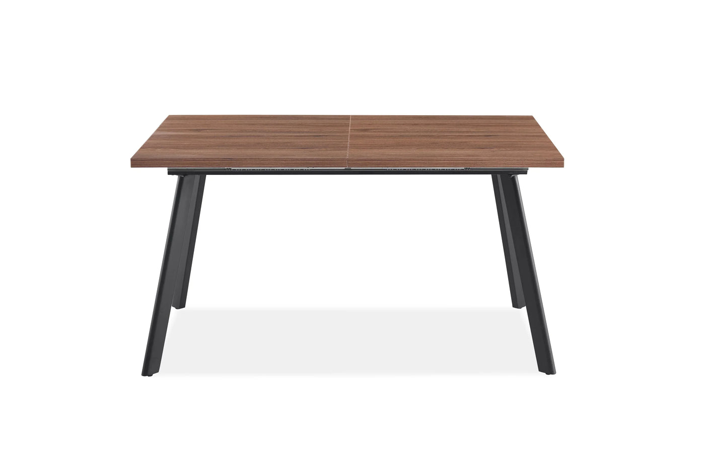 Rectangular dining table with wood top and black angled metal legs, front view