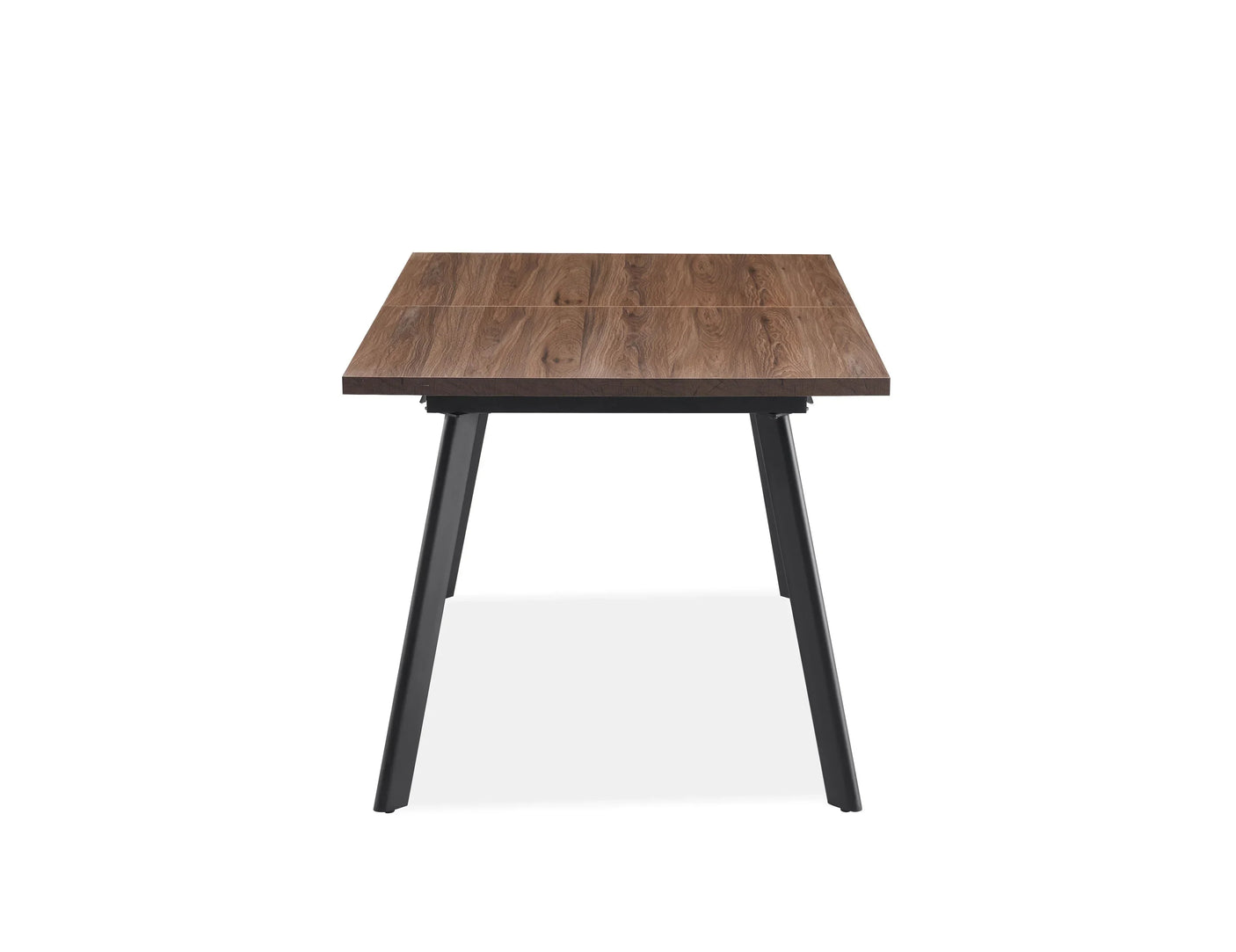 Rectangular dining table with walnut wood top and black metal legs, front view