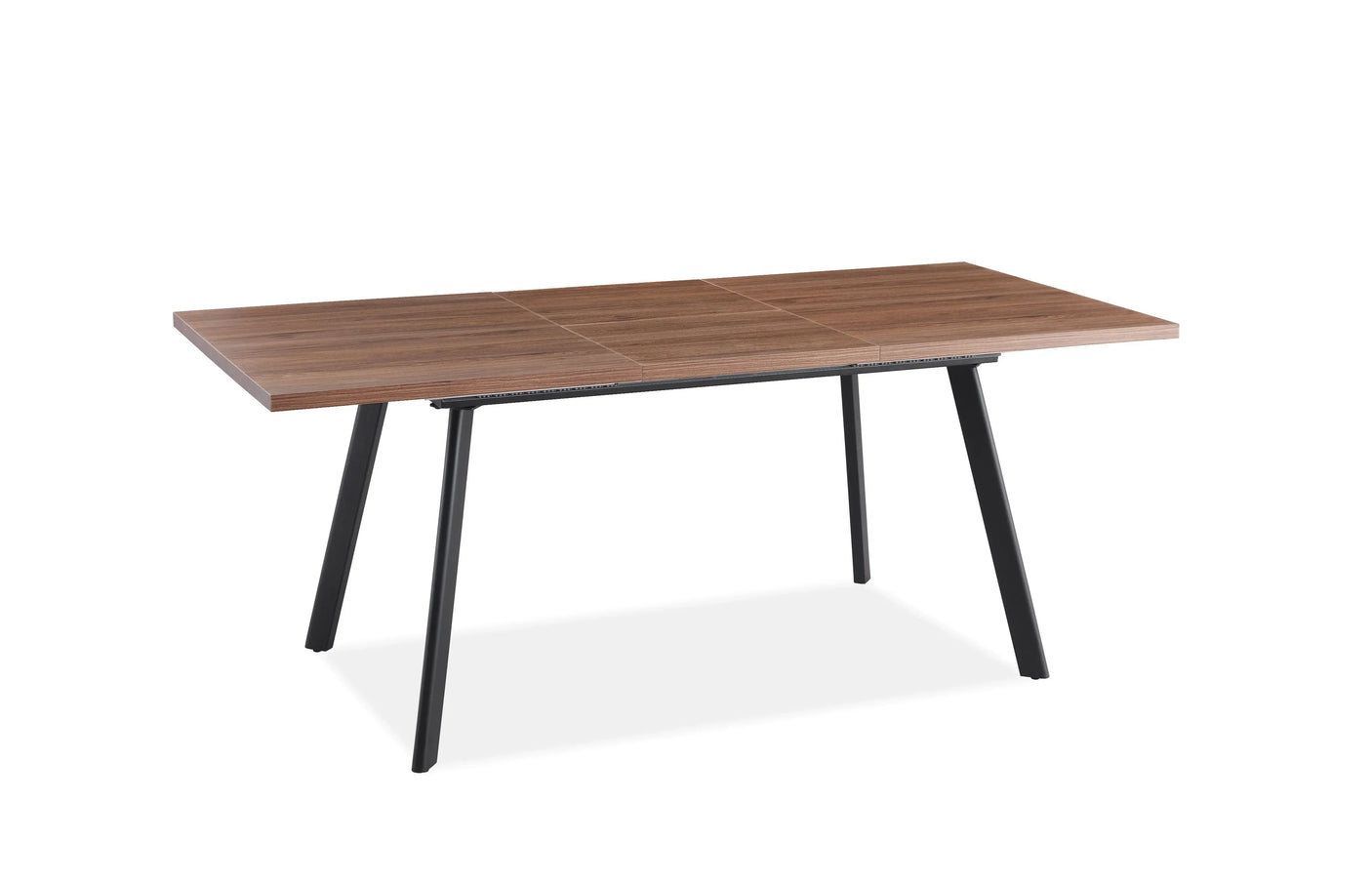 Rectangular wooden dining table with black metal legs, angled front view