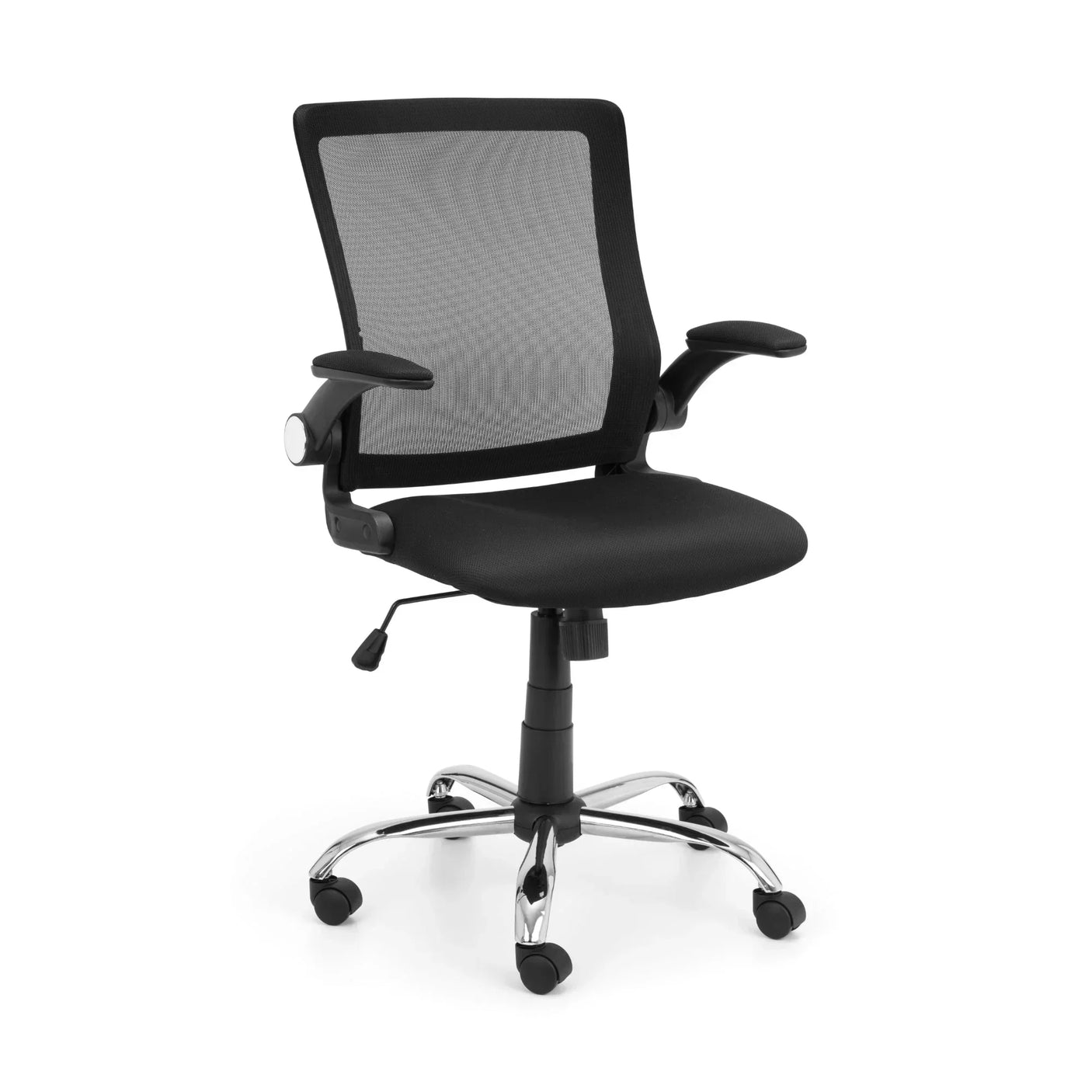 Black mesh office chair with chrome base, adjustable armrests and swivel wheels