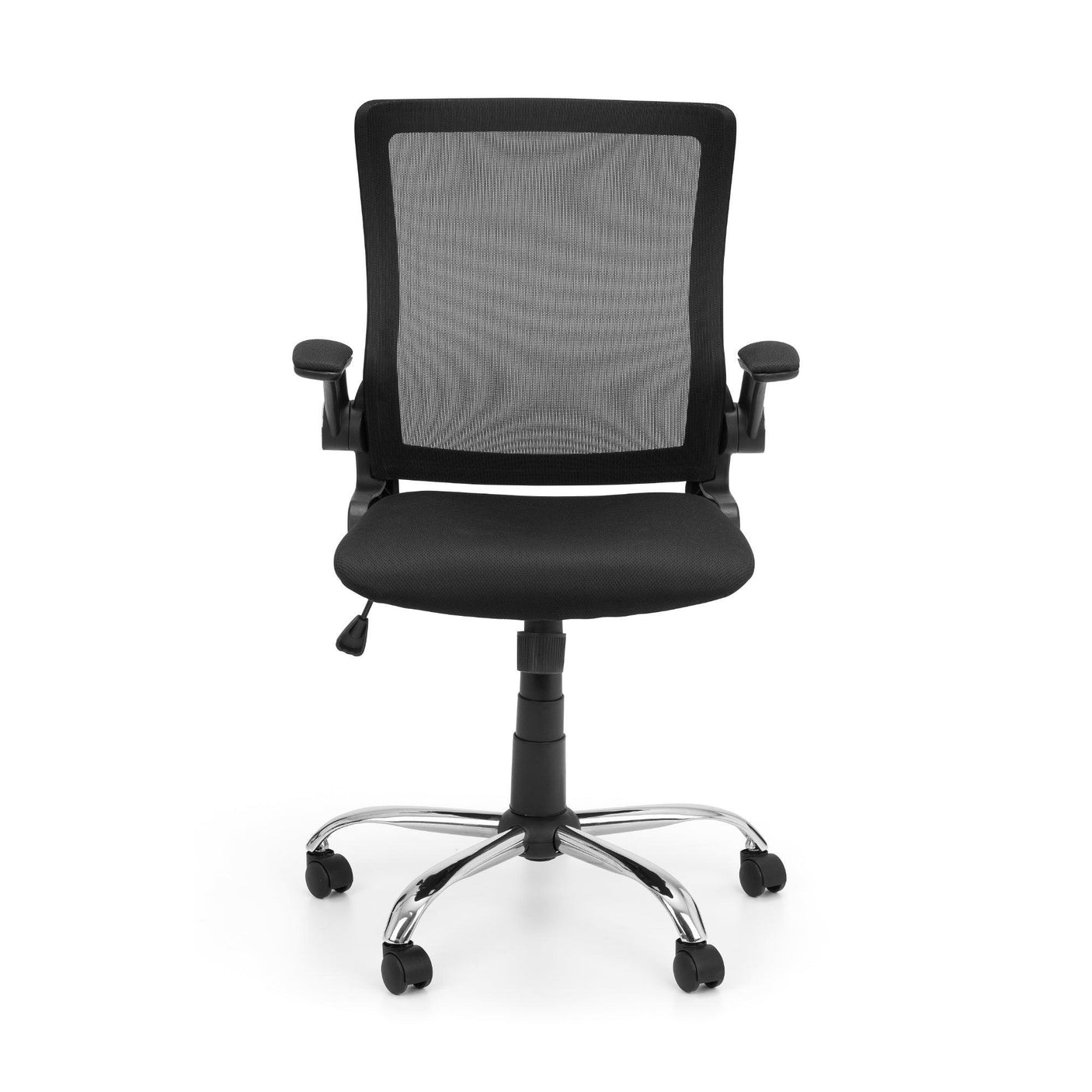Black mesh office chair with armrests and chrome base, front view