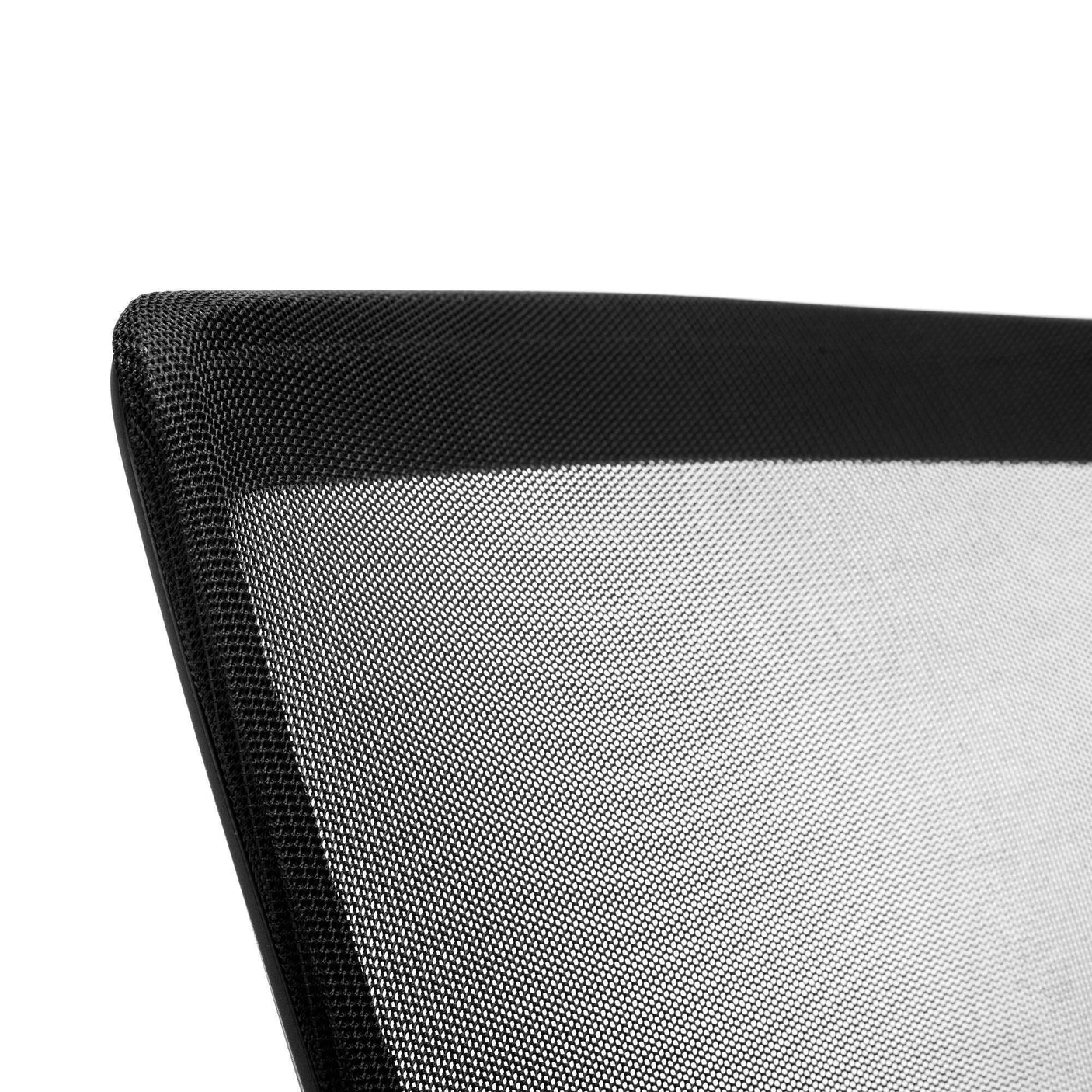 Mesh backrest detail of black office chair showing breathable fabric texture
