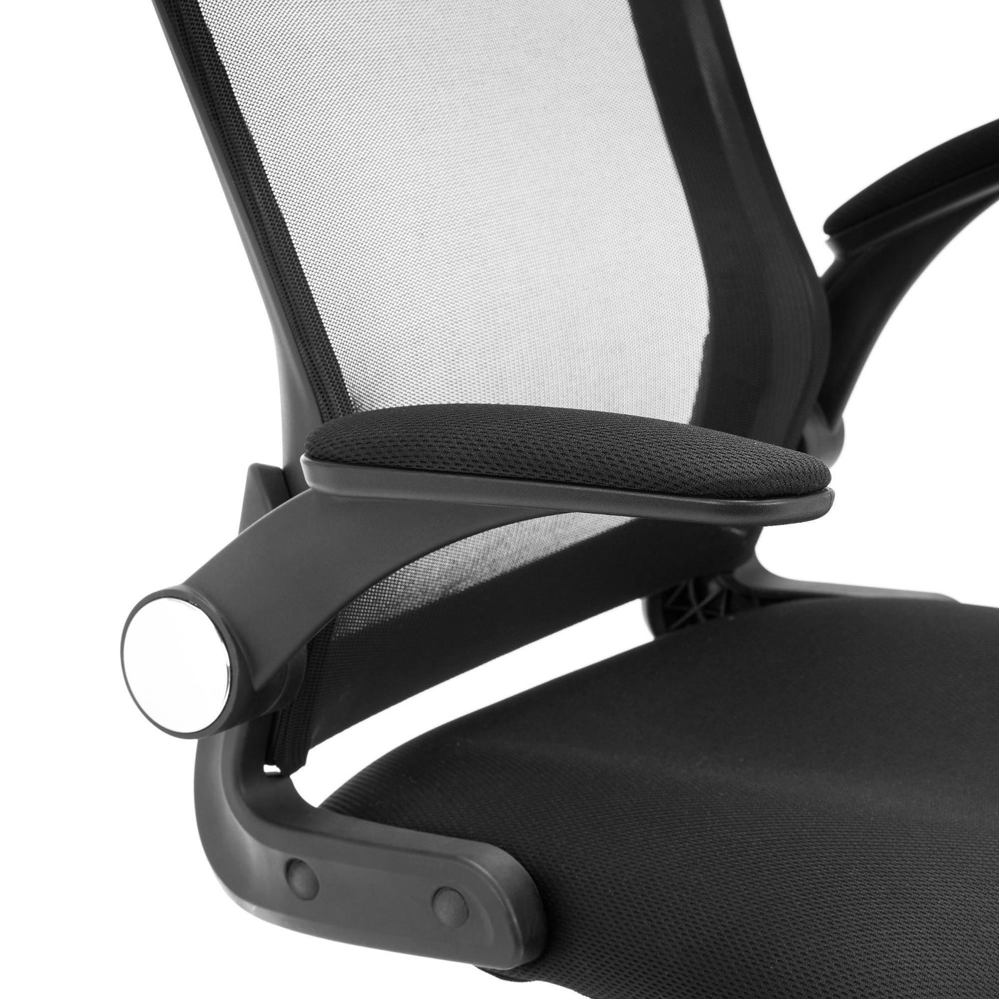 Black mesh office chair close-up showing armrest, ergonomic backrest, and seat detail