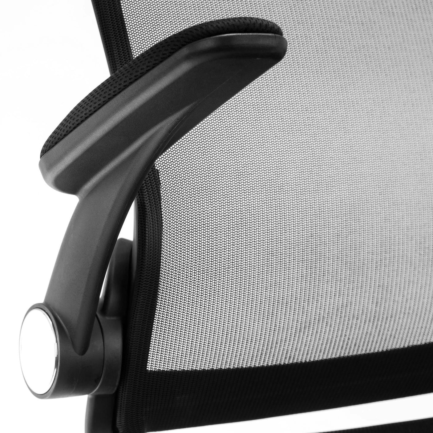 Imola office chair mesh backrest and black armrest close-up