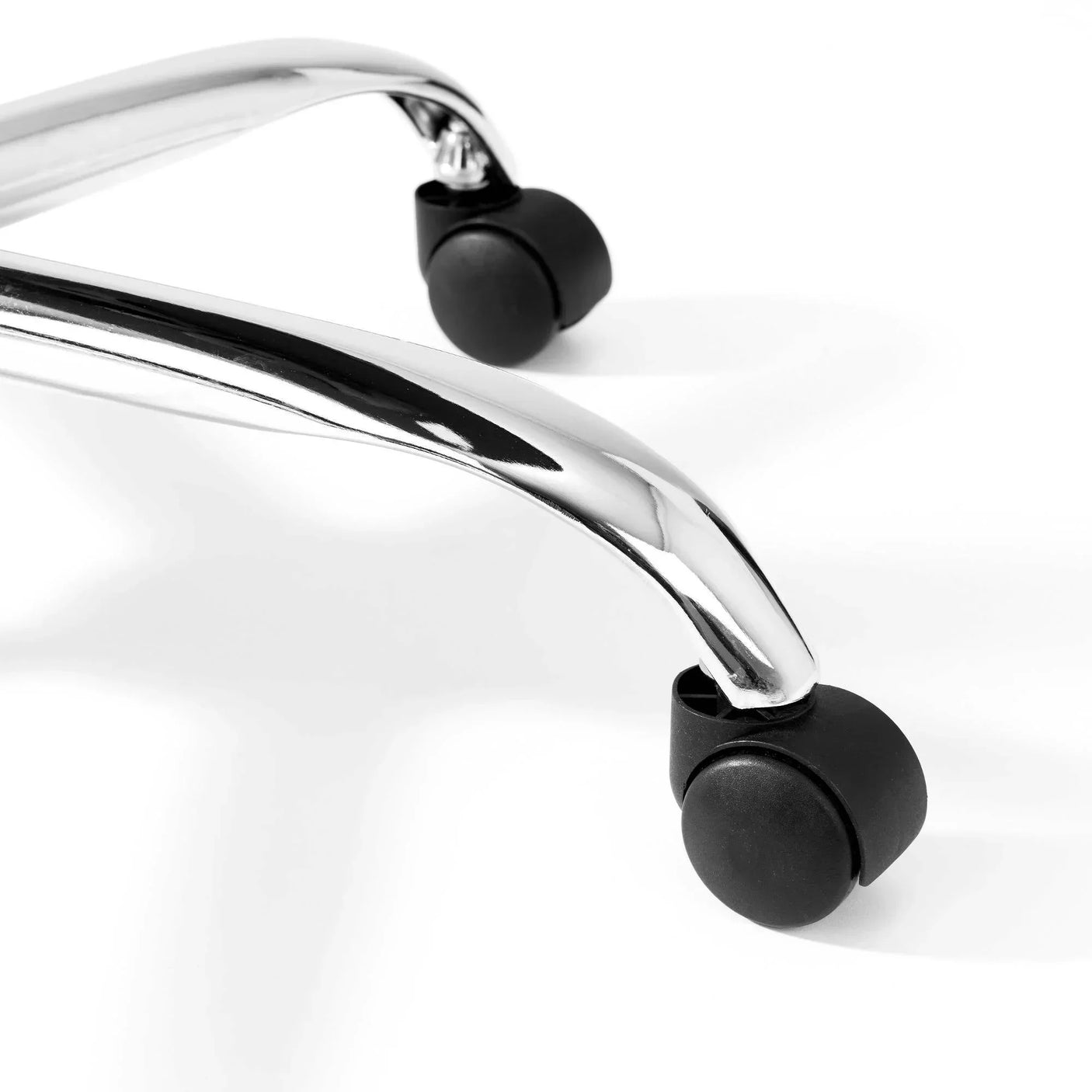 Chrome office chair leg with black castor wheels on white background