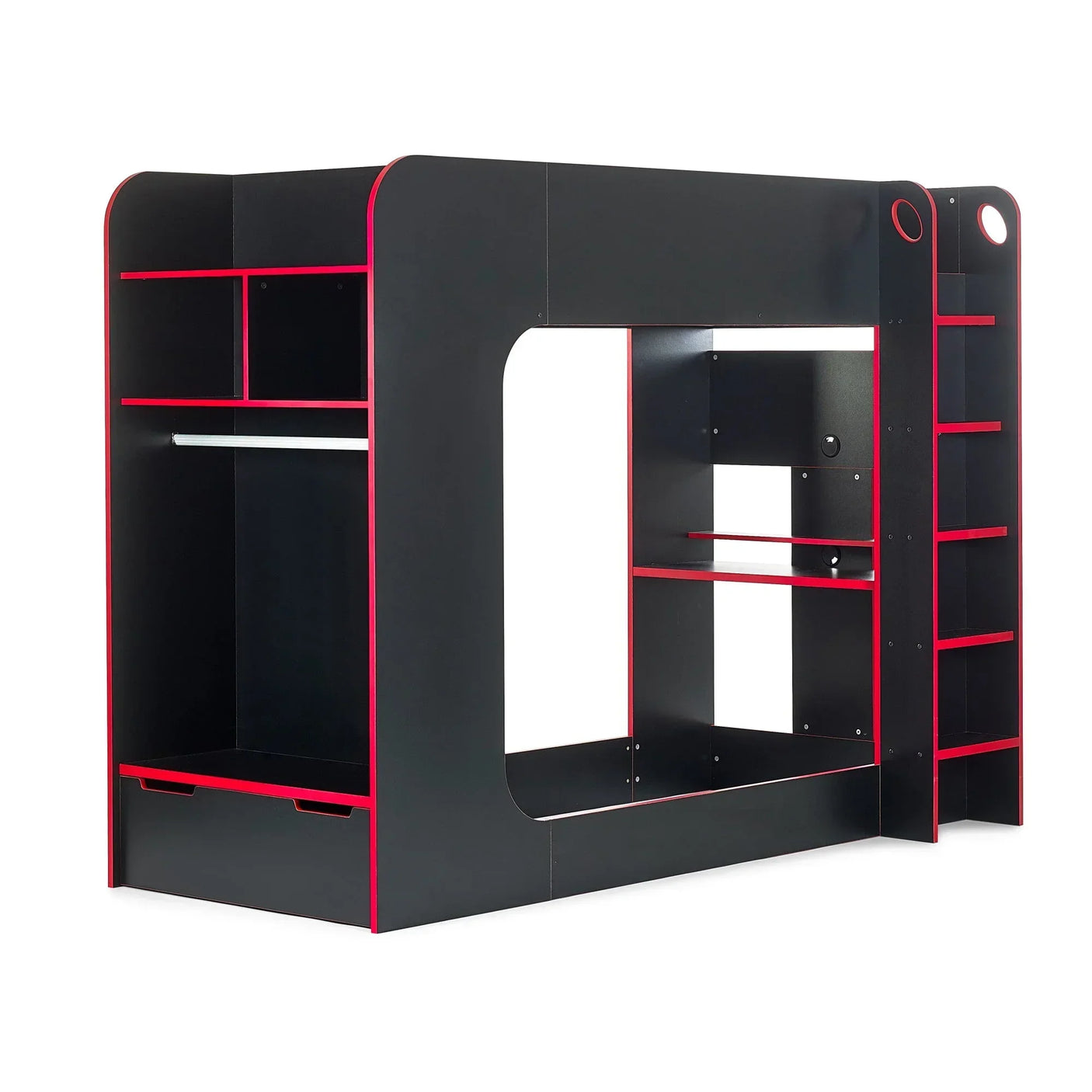 Black wooden bunk bed frame with built-in shelves, wardrobe rail, and side ladder