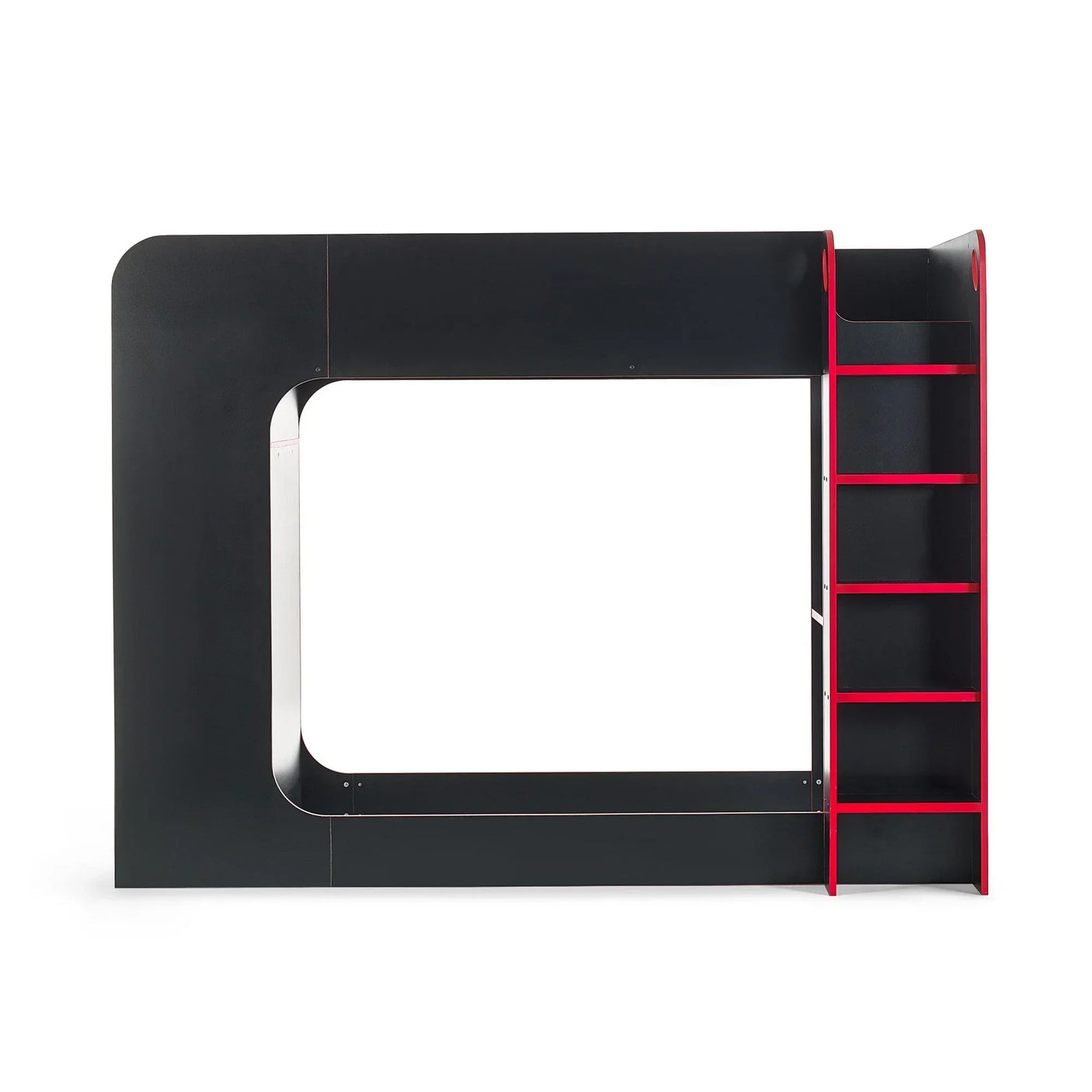 Black and red bunk bed frame with ladder and shelving viewed from the side