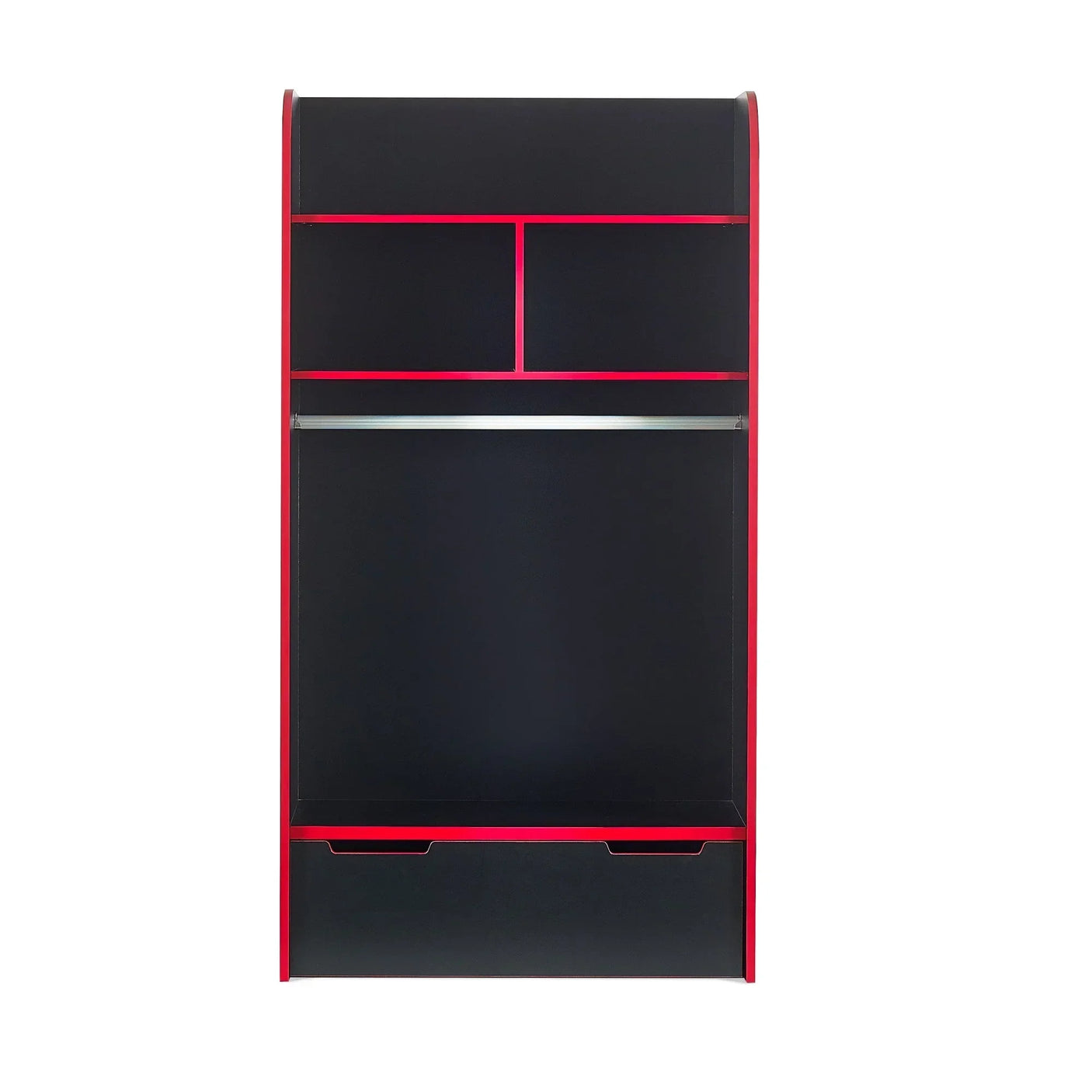 Black and red wardrobe with open shelving, hanging rail, and lower storage drawer