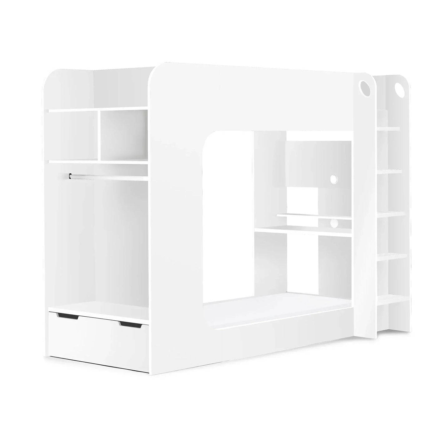 White gaming bunk bed with built-in shelves, wardrobe rail, desk area and drawer storage