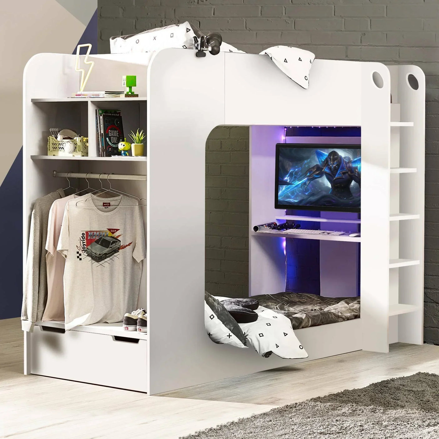 White gaming bunk bed with built-in desk, wardrobe, shelving, and LED lighting in bedroom