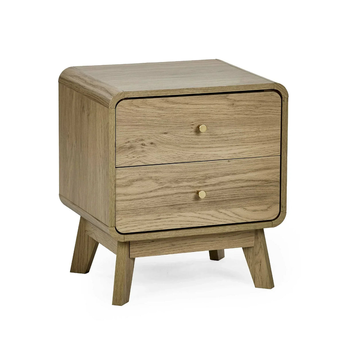 Oak bedside table with two drawers and round gold knobs, mid-century style legs