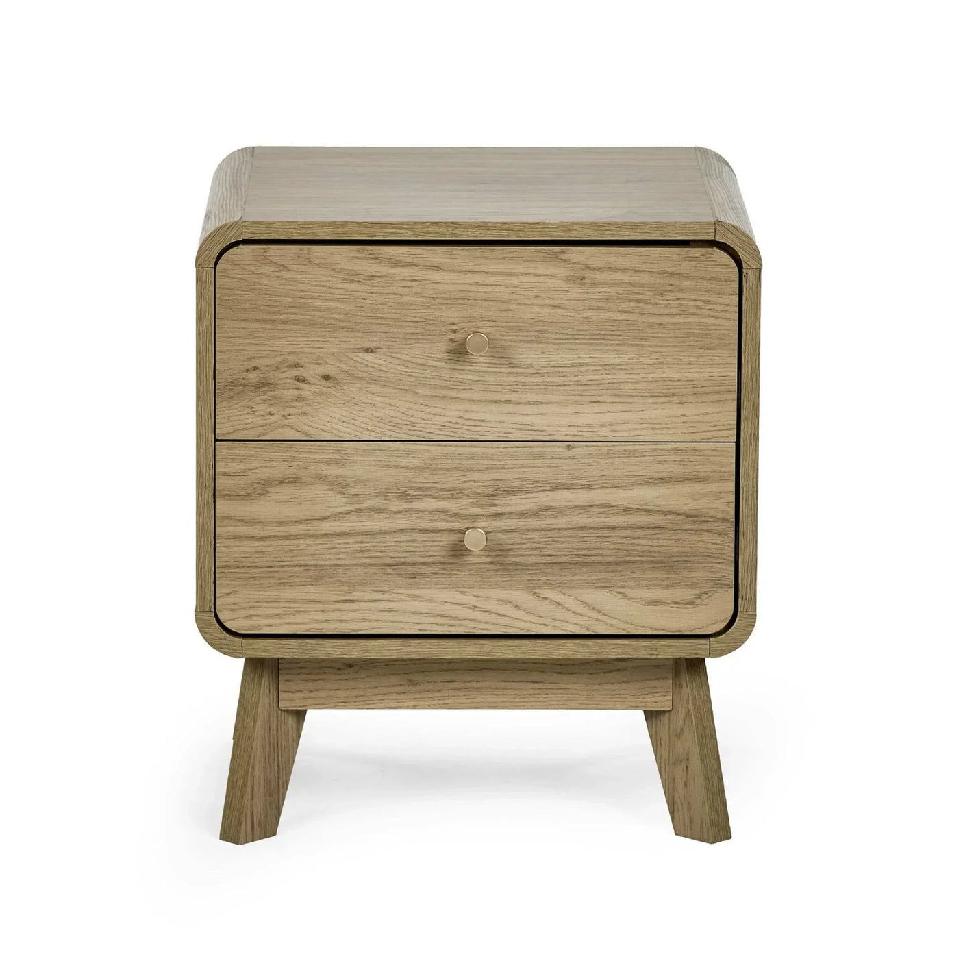 Oak bedside table with two drawers and rounded edges, front view on white background